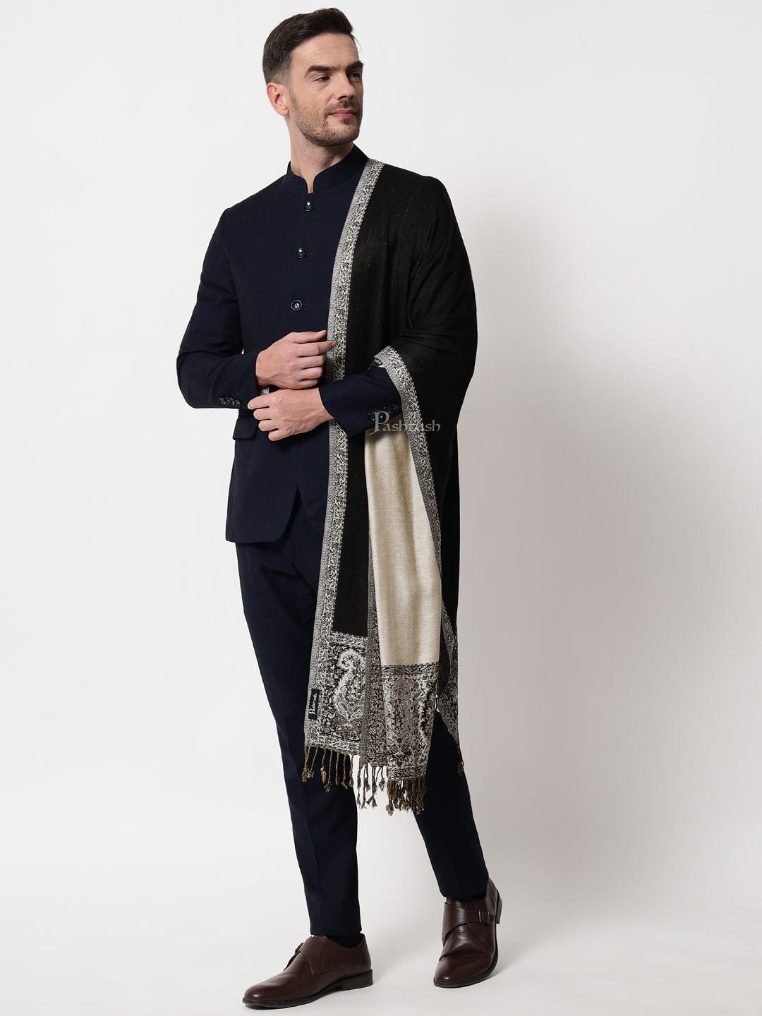 Pashtush India Mens Scarves Stoles and Mufflers Pashtush mens Bamboo stole, jacquard design, Black