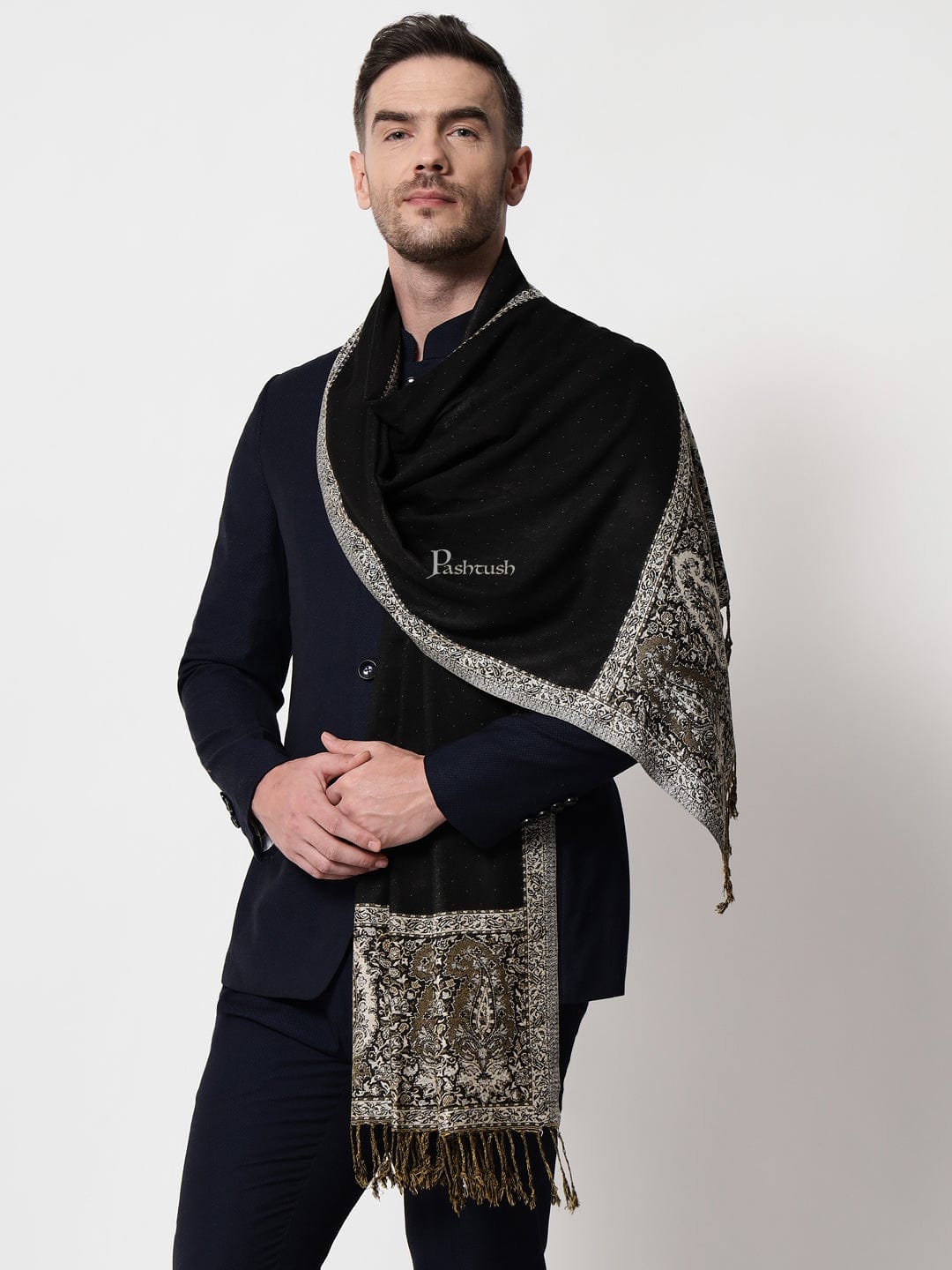 Pashtush India Mens Scarves Stoles and Mufflers Pashtush mens Bamboo stole, jacquard design, Black