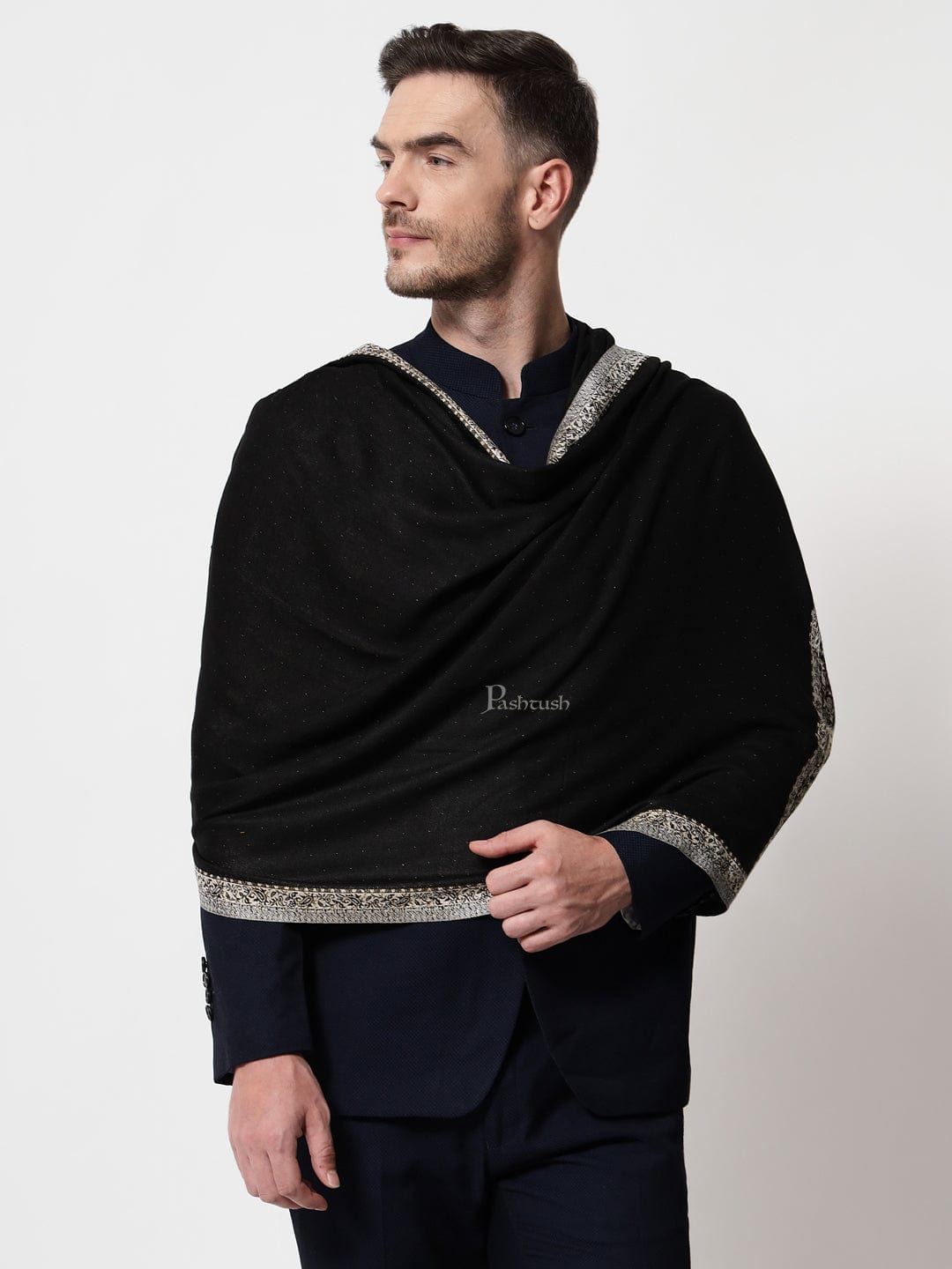 Pashtush India Mens Scarves Stoles and Mufflers Pashtush mens Bamboo stole, jacquard design, Black