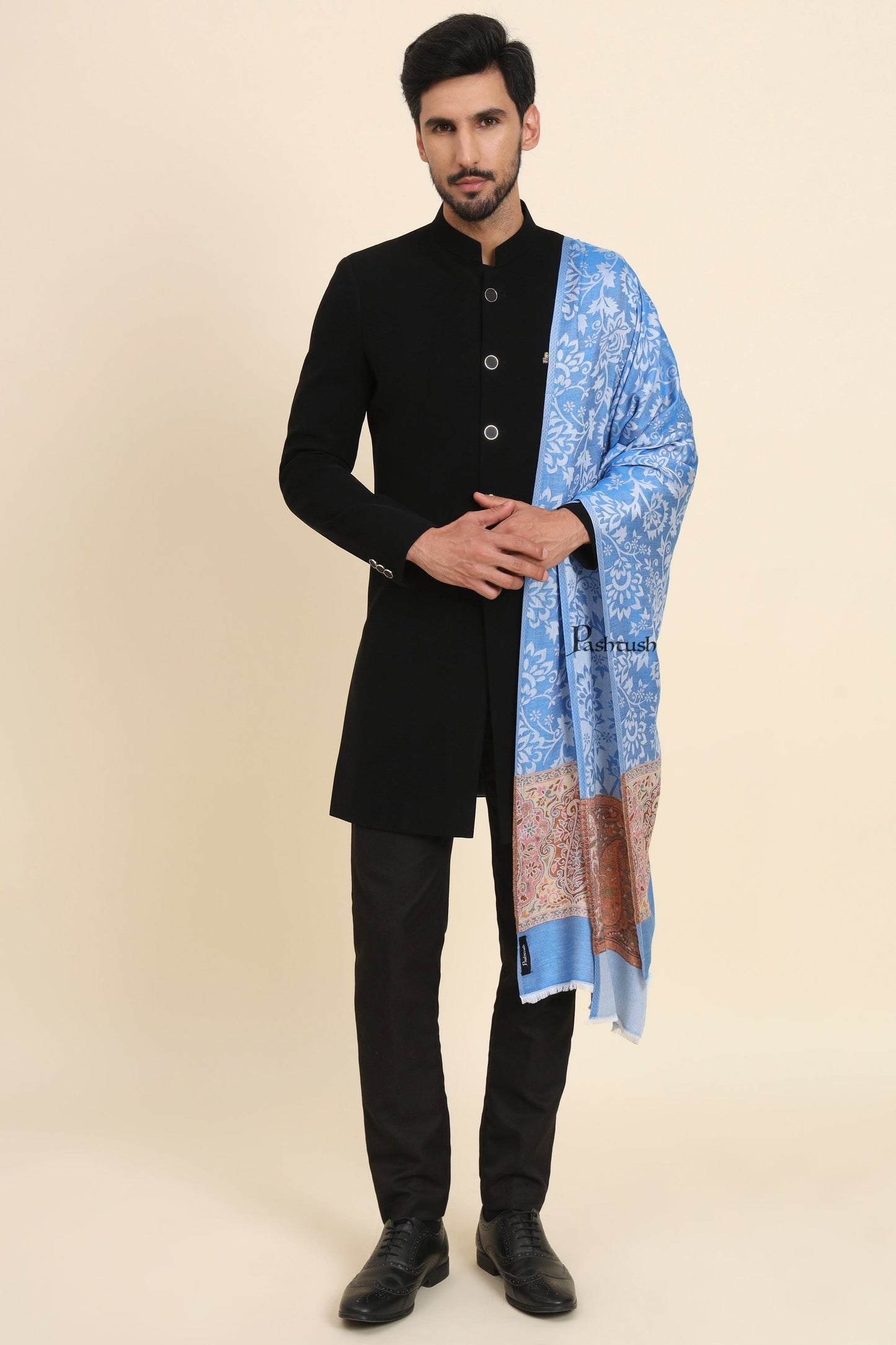 Pashtush India Mens Scarves Stoles and Mufflers Pashtush Mens Bamboo Stole, Jacquard Reversible Design, Blue