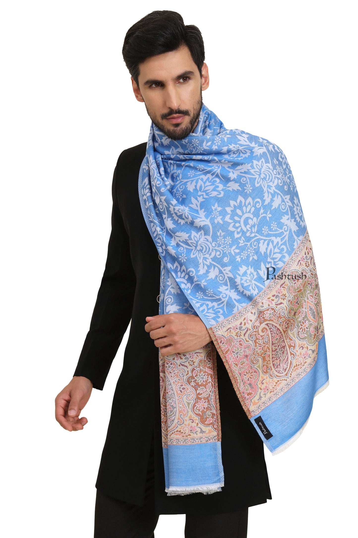 Pashtush India Mens Scarves Stoles and Mufflers Pashtush Mens Bamboo Stole, Jacquard Reversible Design, Blue