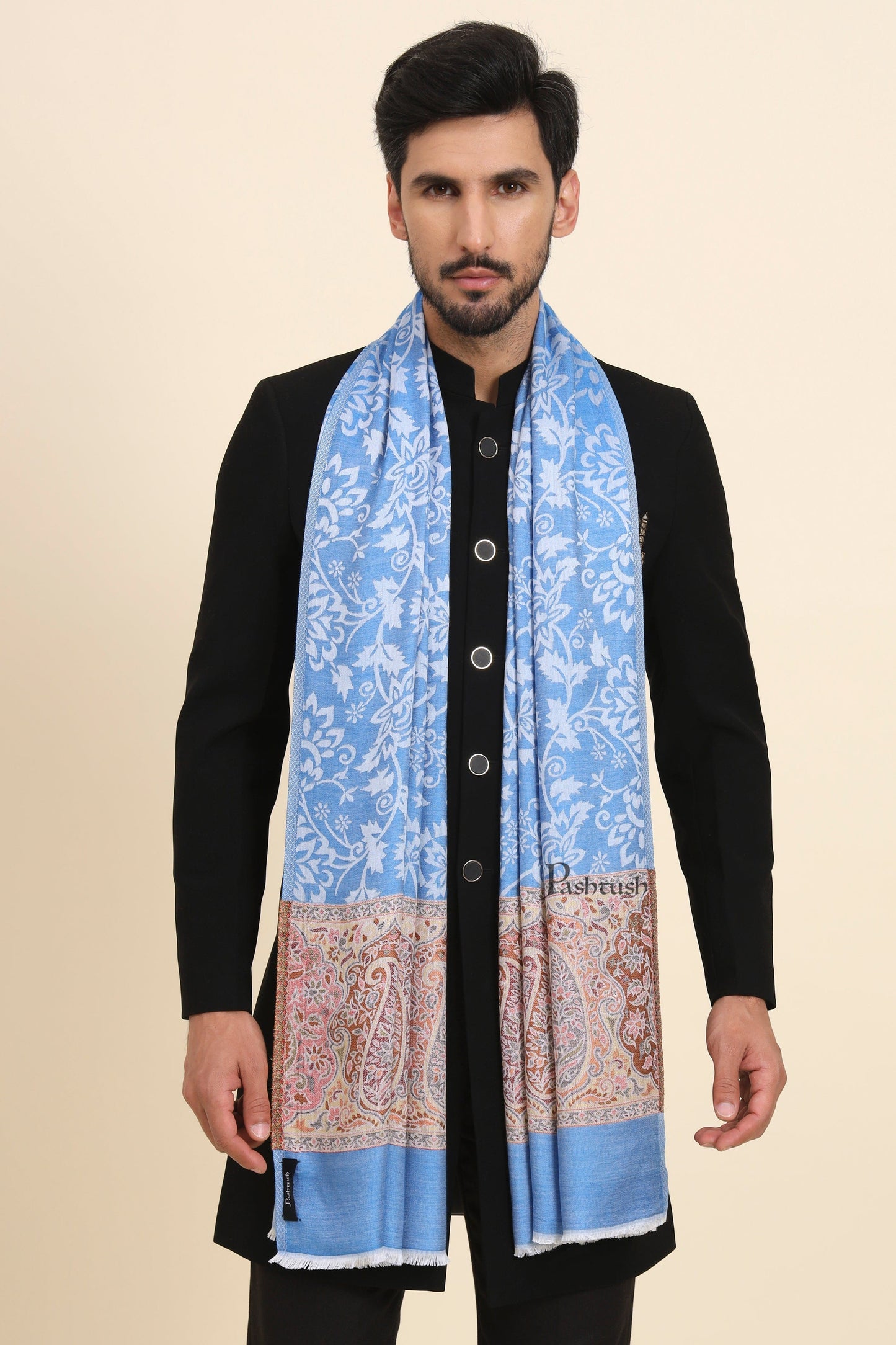 Pashtush India Mens Scarves Stoles and Mufflers Pashtush Mens Bamboo Stole, Jacquard Reversible Design, Blue
