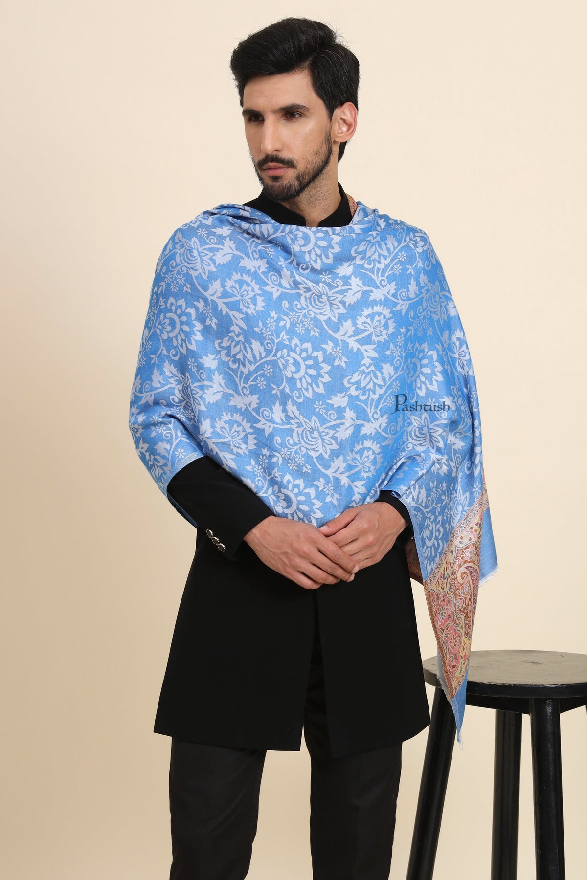 Pashtush India Mens Scarves Stoles and Mufflers Pashtush Mens Bamboo Stole, Jacquard Reversible Design, Blue