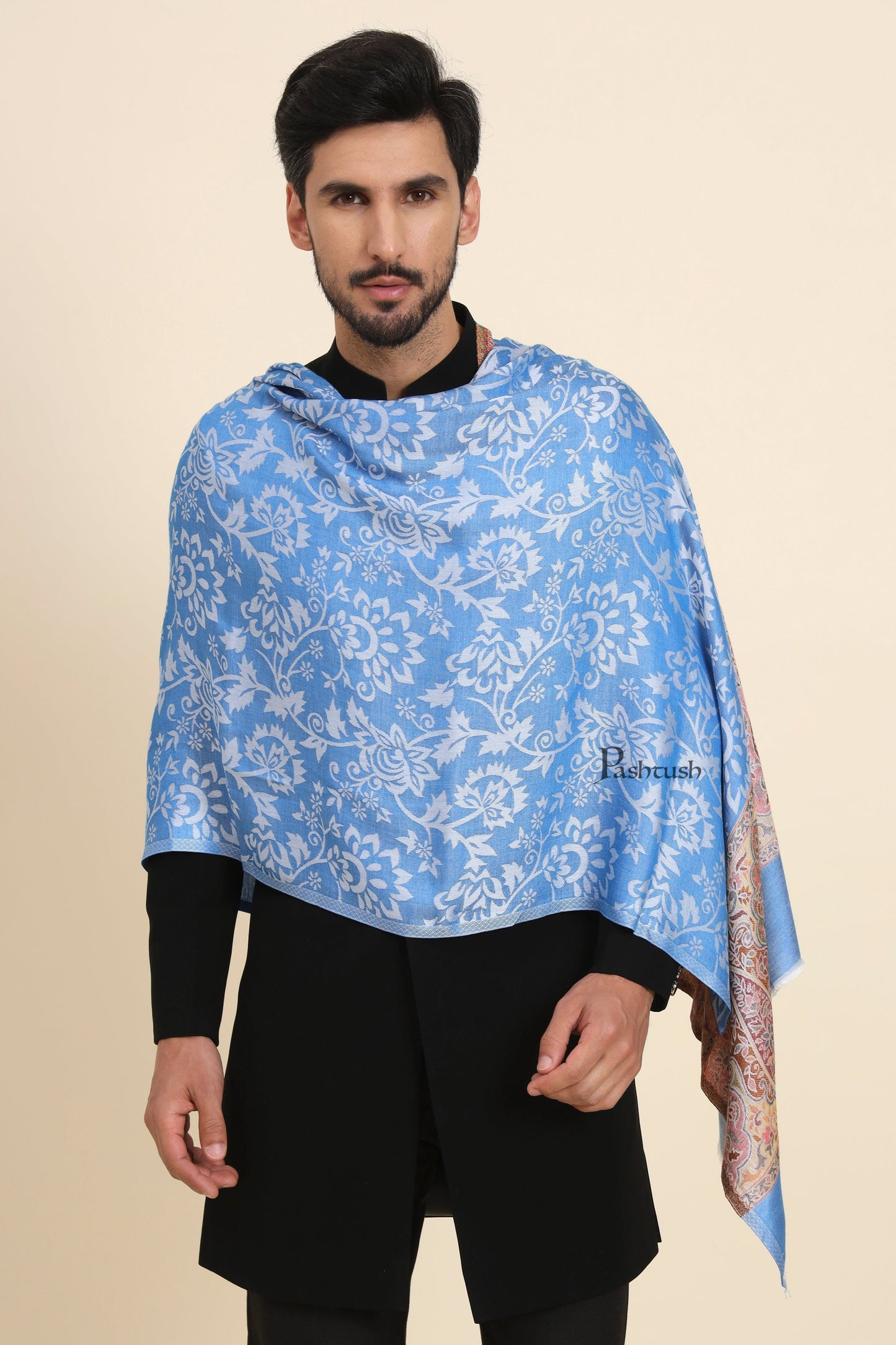 Pashtush India Mens Scarves Stoles and Mufflers Pashtush Mens Bamboo Stole, Jacquard Reversible Design, Blue