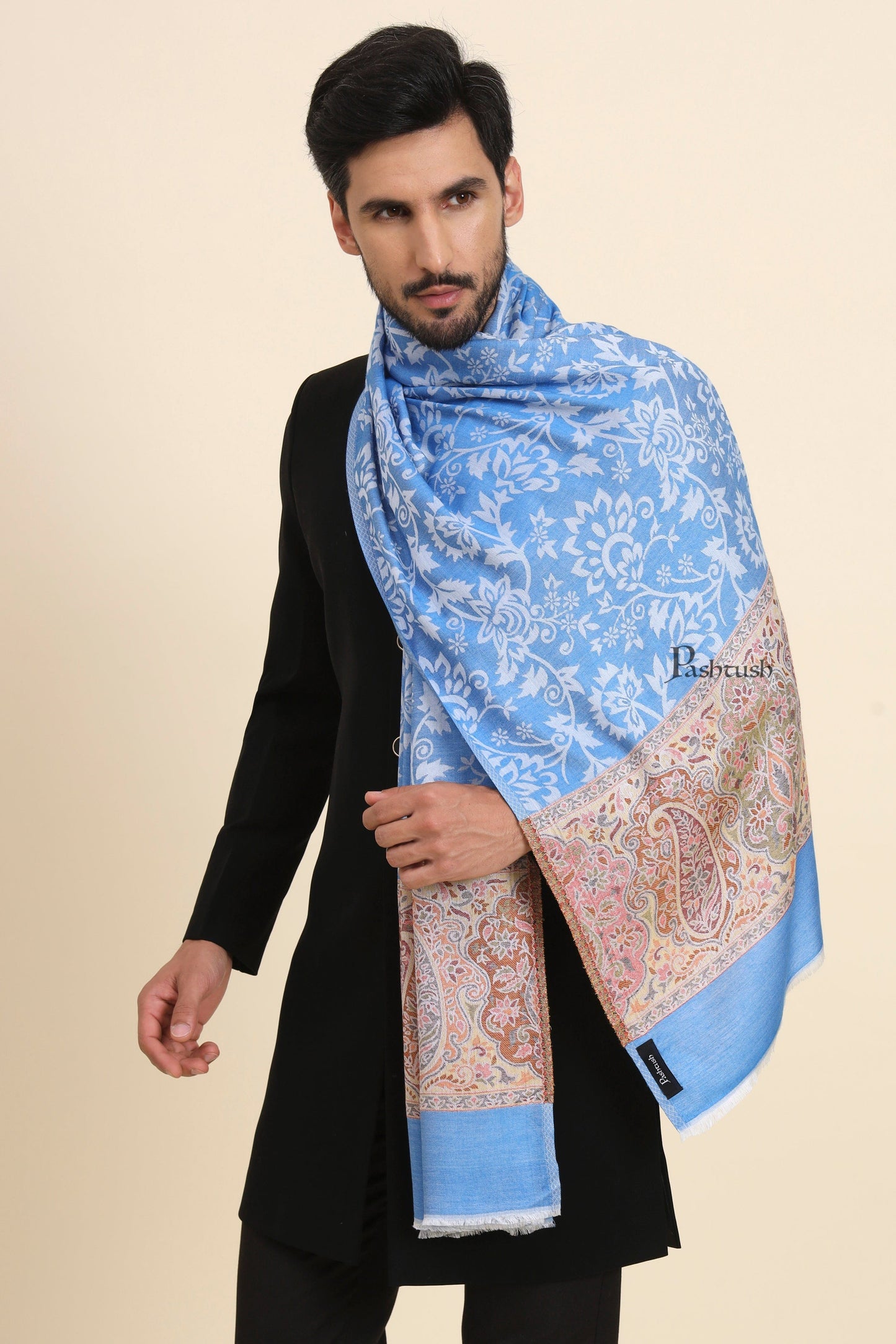 Pashtush India Mens Scarves Stoles and Mufflers Pashtush Mens Bamboo Stole, Jacquard Reversible Design, Blue