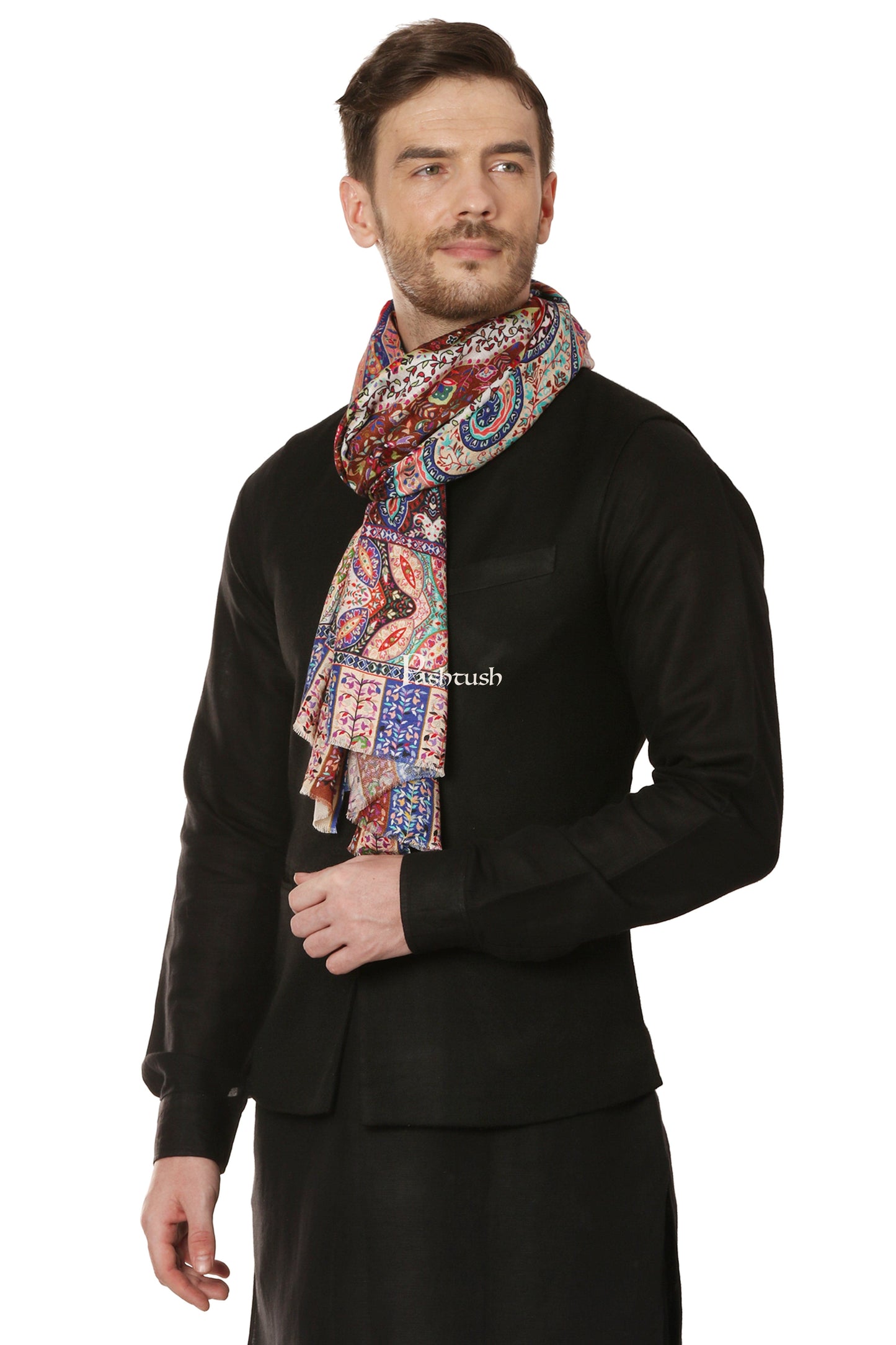 Pashtush India Mens Scarves Stoles and Mufflers Pashtush Mens bamboo Stole, Kalamkari Printed Ethnic Scarf