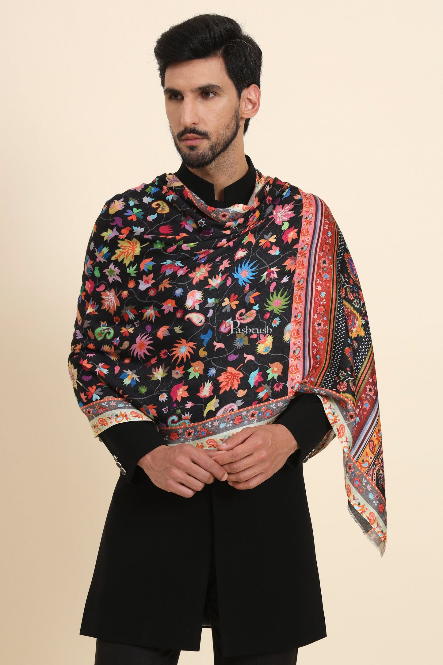 Pashtush India Mens Scarves Stoles and Mufflers Pashtush Mens Bamboo Stole, Paisley Design, Black