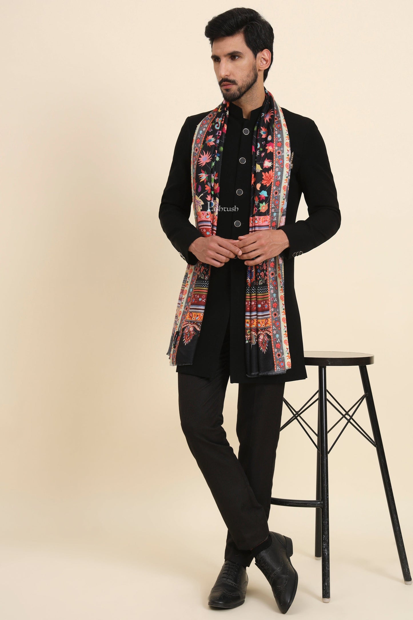 Pashtush India Mens Scarves Stoles and Mufflers Pashtush Mens Bamboo Stole, Paisley Design, Black