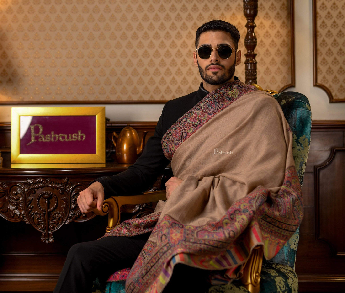 Pashtush India 127x254 Pashtush Mens Black Shawl, With Palle-dar Ethnic Weave, Fine Wool, Full Size