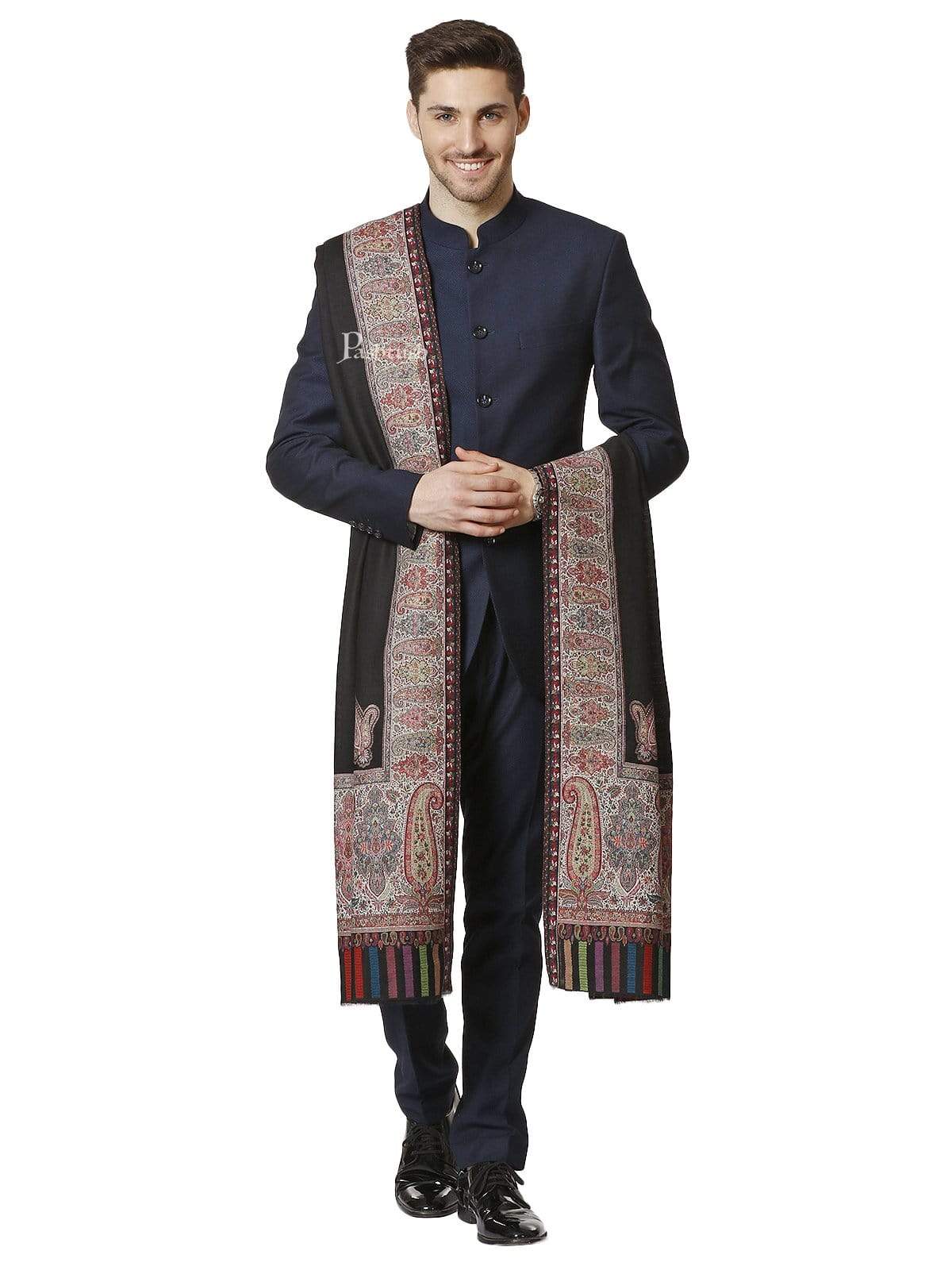 Pashtush India 127x254 Pashtush Mens Black Shawl, With Palle-dar Kaani Weave, Fine Wool, Full Size