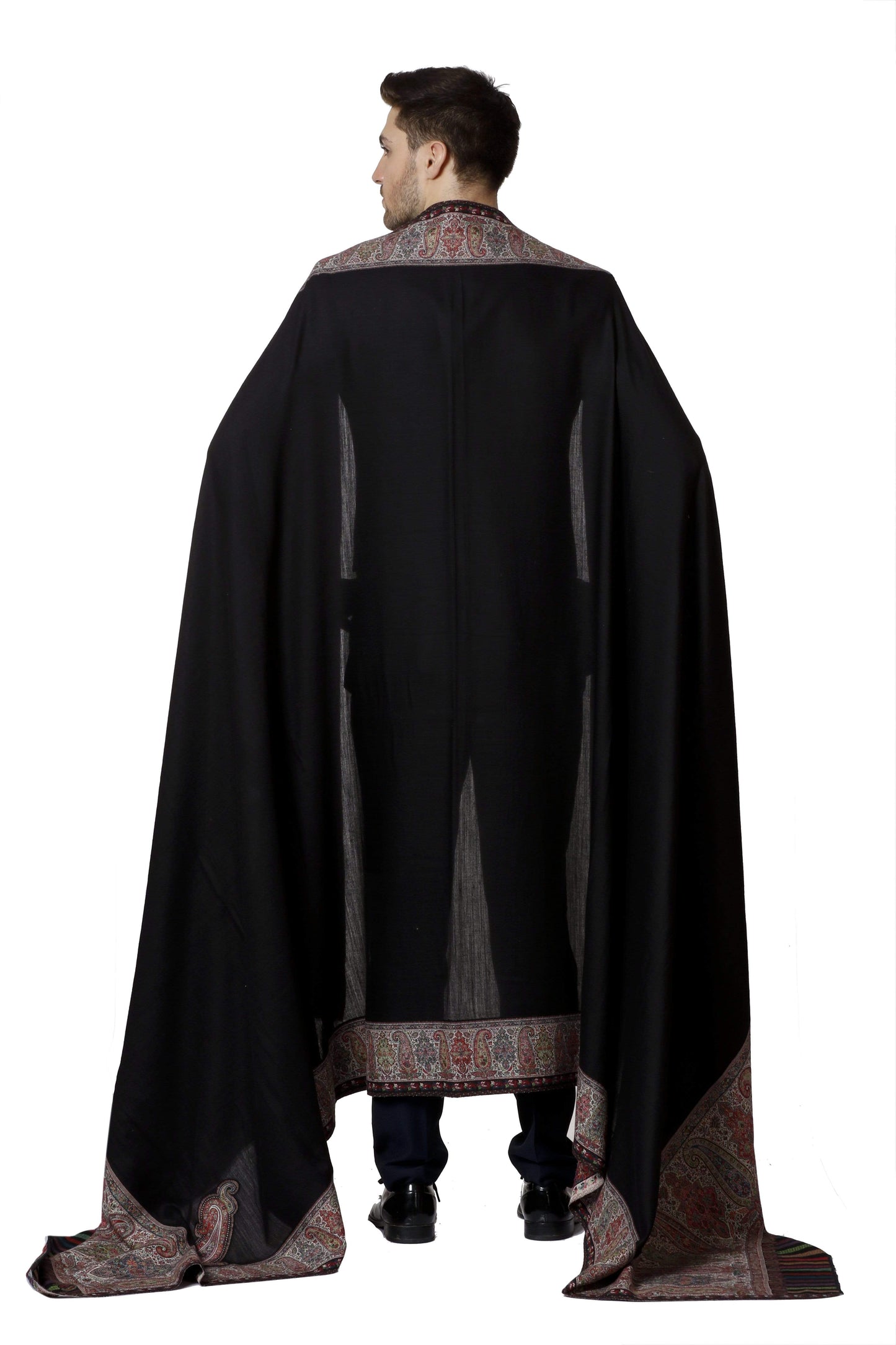 Pashtush India 127x254 Pashtush Mens Black Shawl, With Palle-dar Kaani Weave, Fine Wool, Full Size