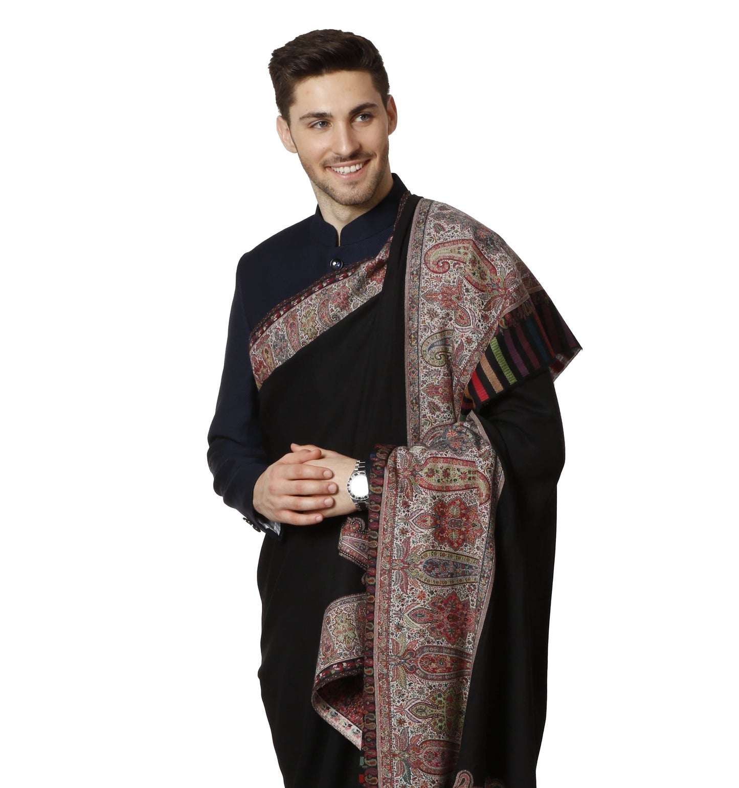 Pashtush India 127x254 Pashtush Mens Black Shawl, With Palle-dar Kaani Weave, Fine Wool, Full Size
