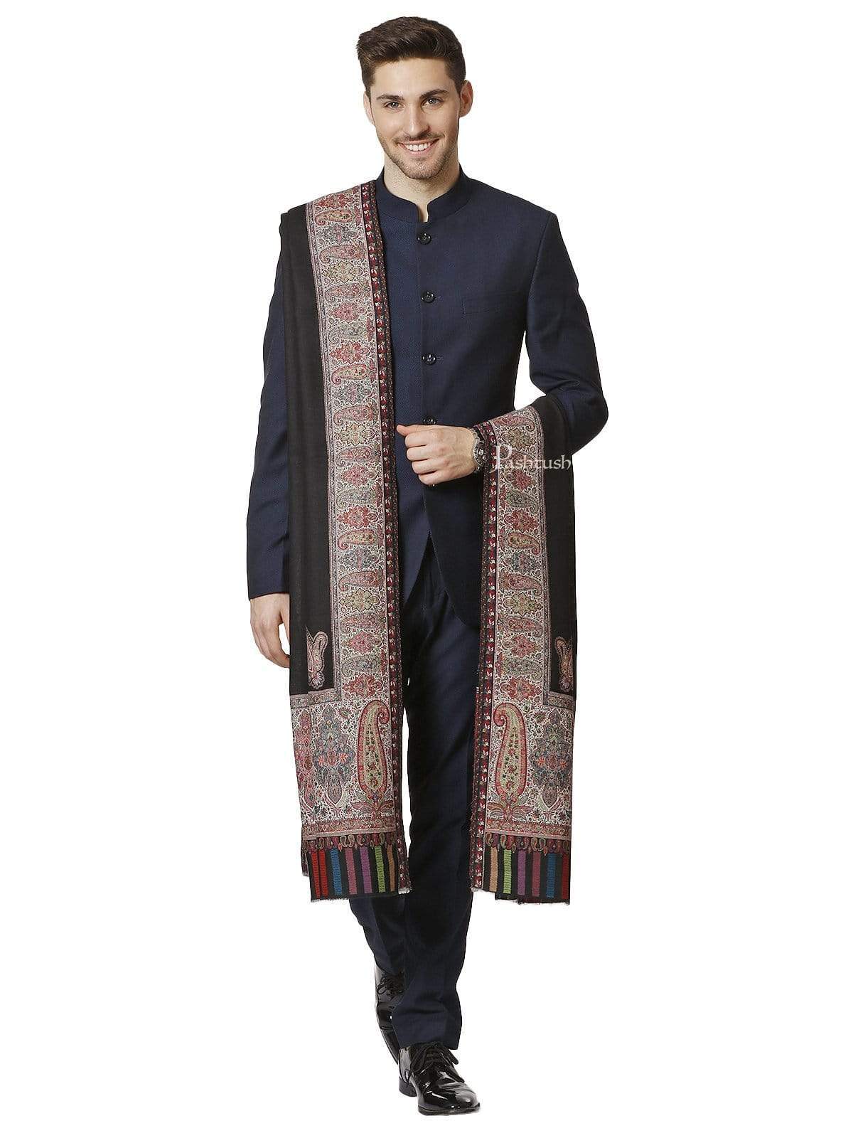 Pashtush India 127x254 Pashtush Mens Black Shawl, With Palle-dar Kaani Weave, Fine Wool, Full Size