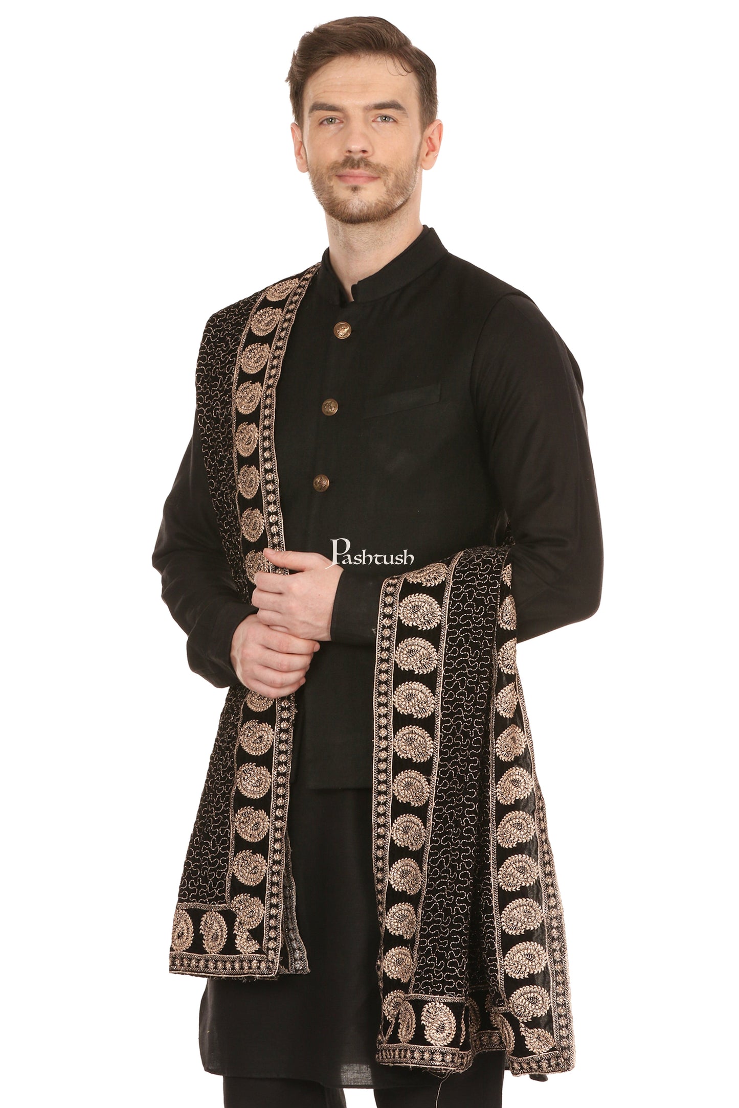 Pashtush India Mens Shawls Gents Shawl Pashtush Mens Black Velvet Shawl, With Tilla Zardozi Embroidery