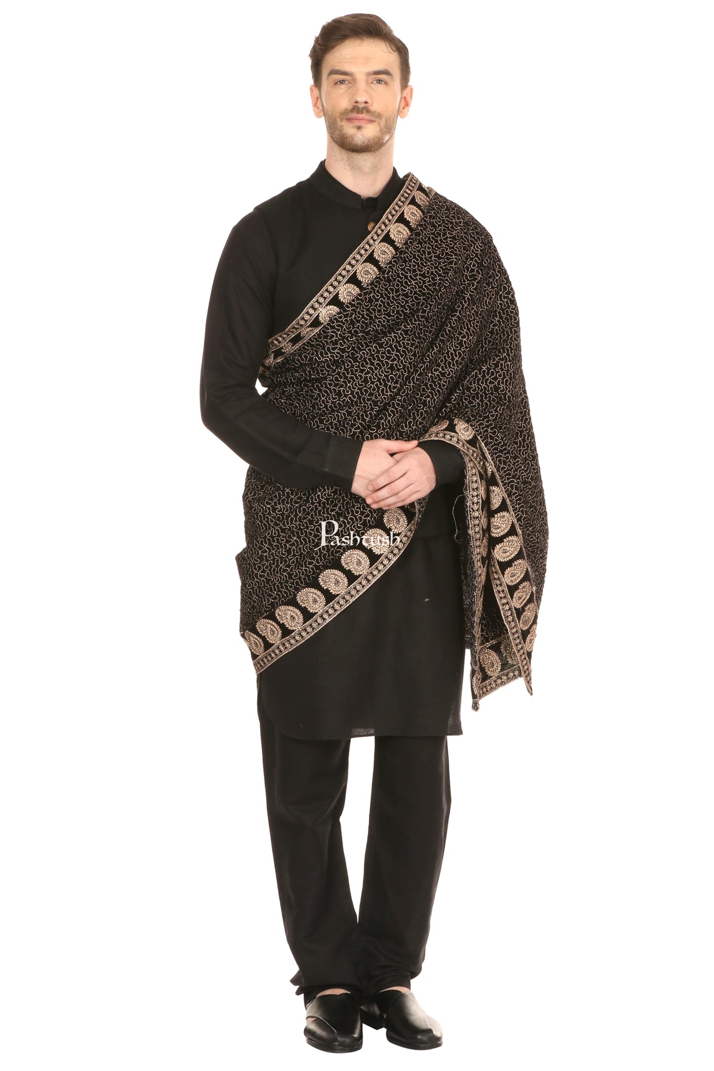 Pashtush India Mens Shawls Gents Shawl Pashtush Mens Black Velvet Shawl, With Tilla Zardozi Embroidery