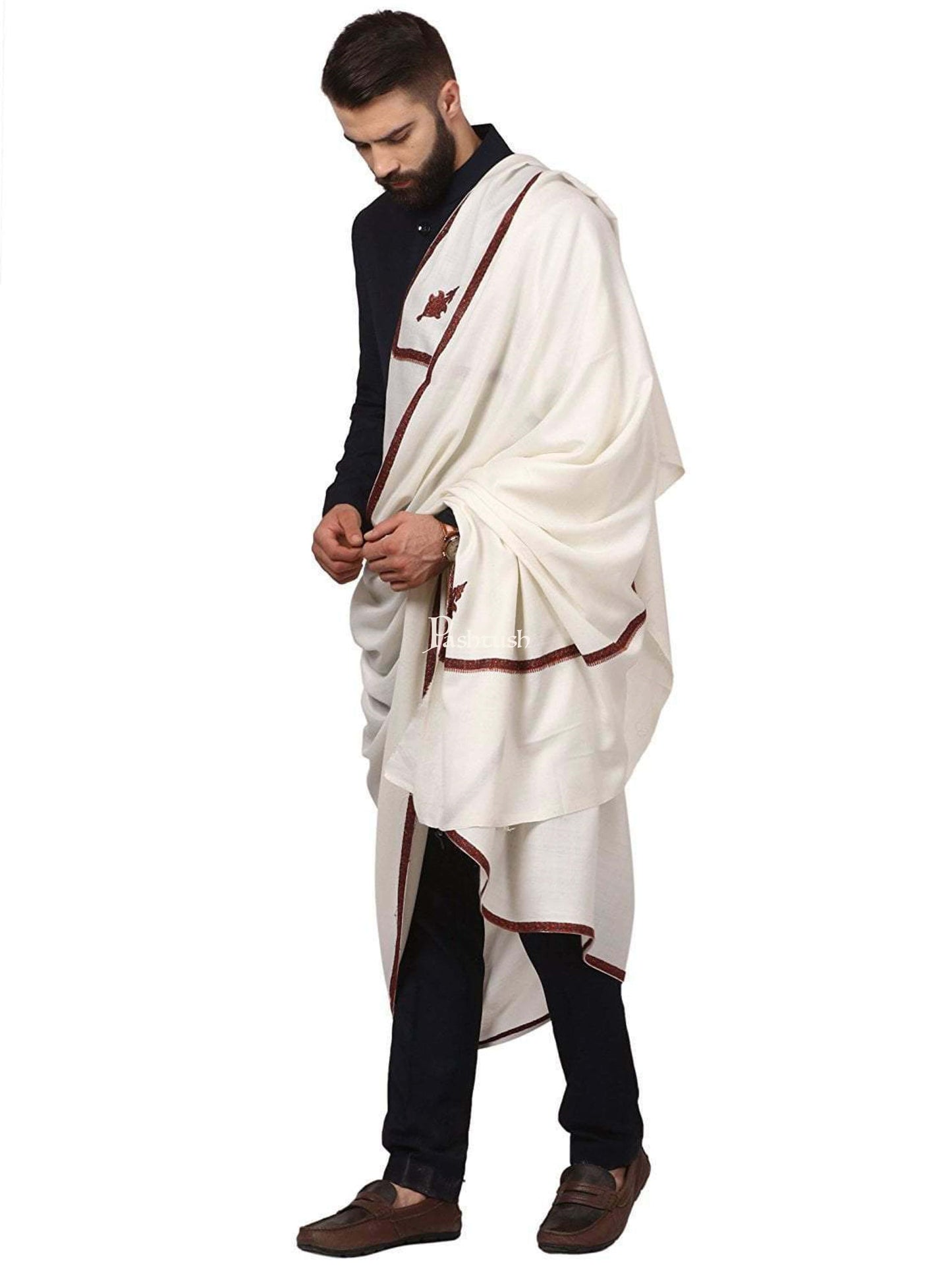 Pashtush India Mens Shawls Gents Shawl Pashtush Mens Border Embroidery Kingri Shawl, Fine Wool, Ivory