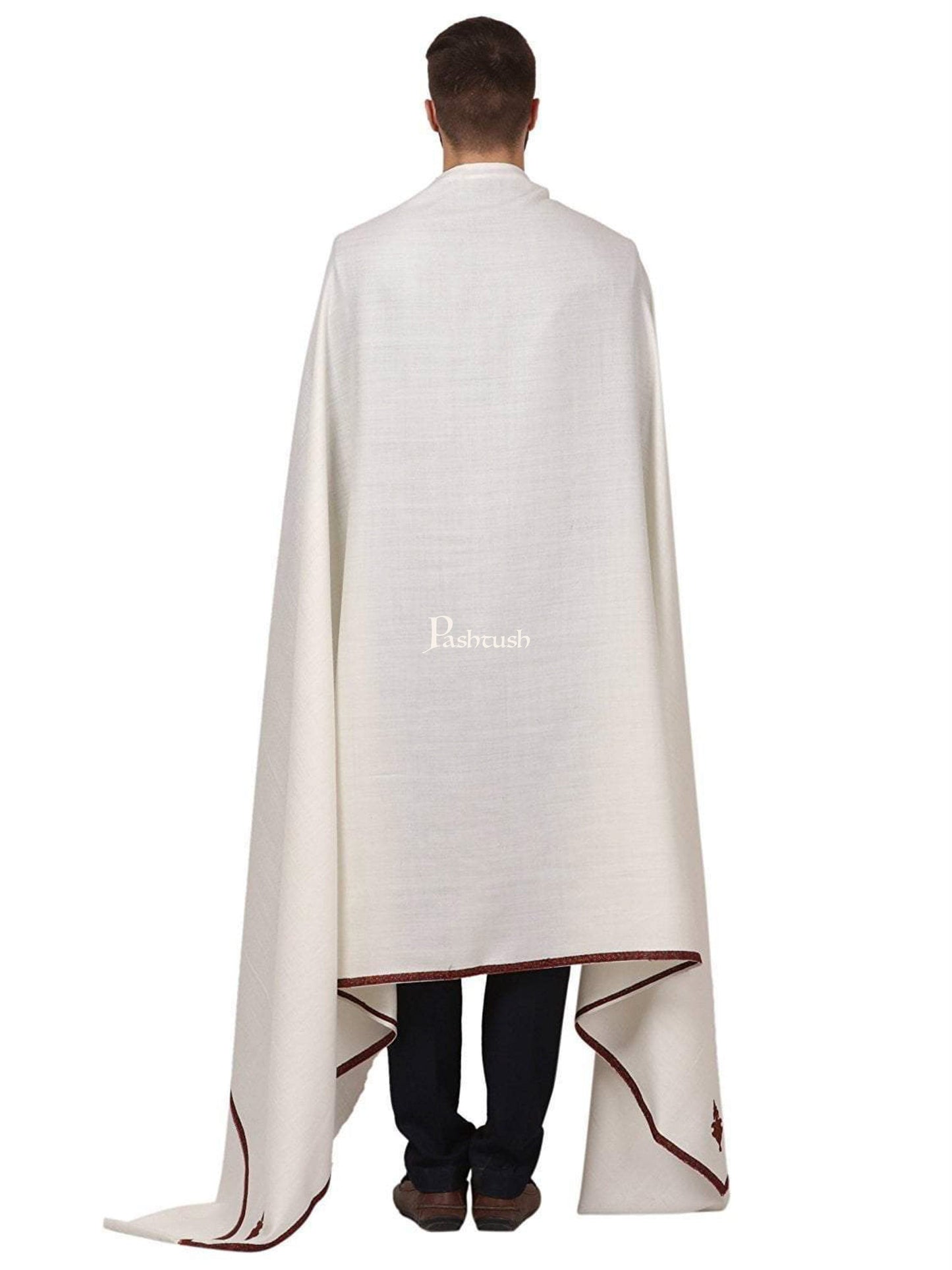 Pashtush India Mens Shawls Gents Shawl Pashtush Mens Border Embroidery Kingri Shawl, Fine Wool, Ivory