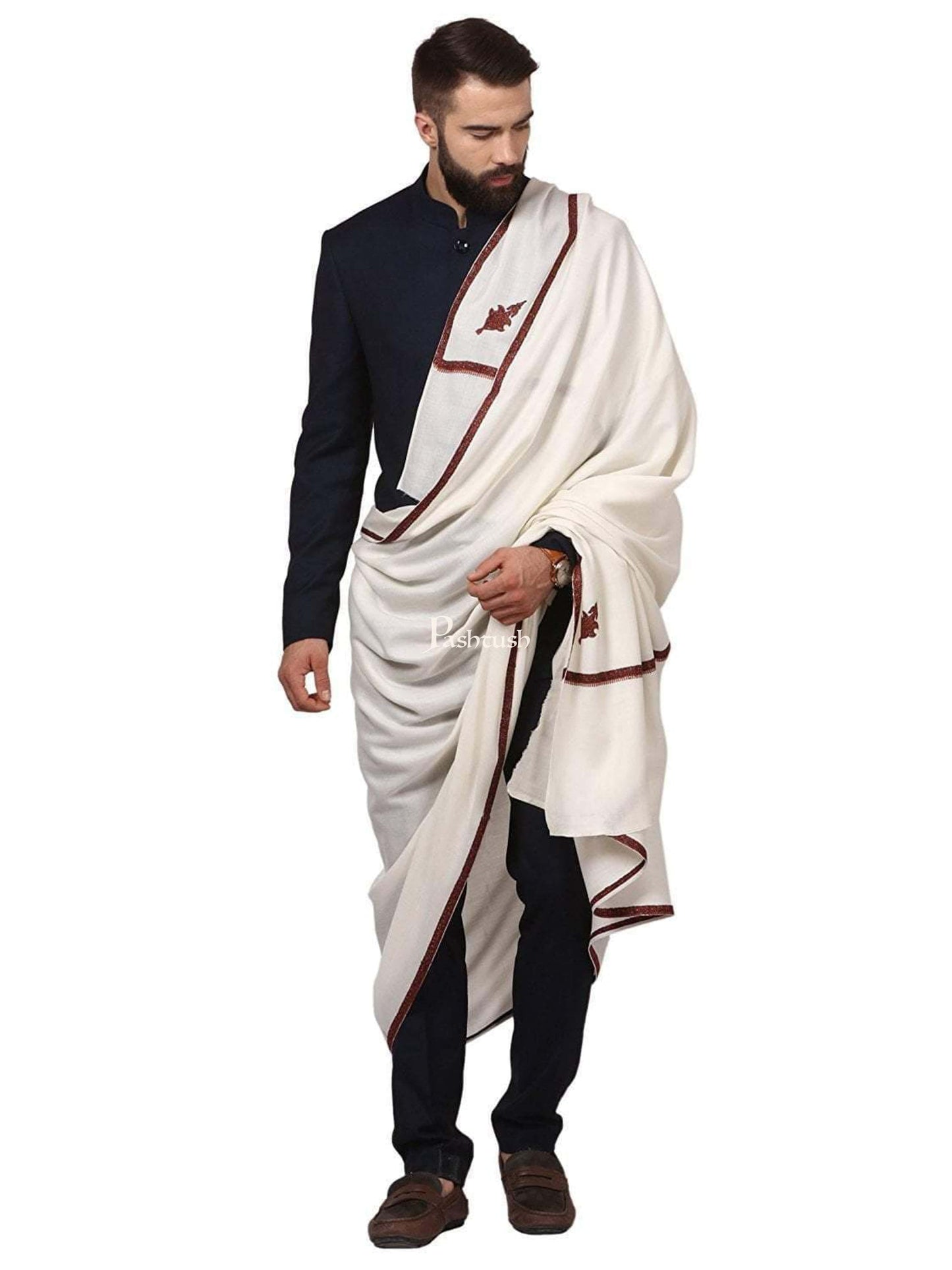Pashtush India Mens Shawls Gents Shawl Pashtush Mens Border Embroidery Kingri Shawl, Fine Wool, Ivory