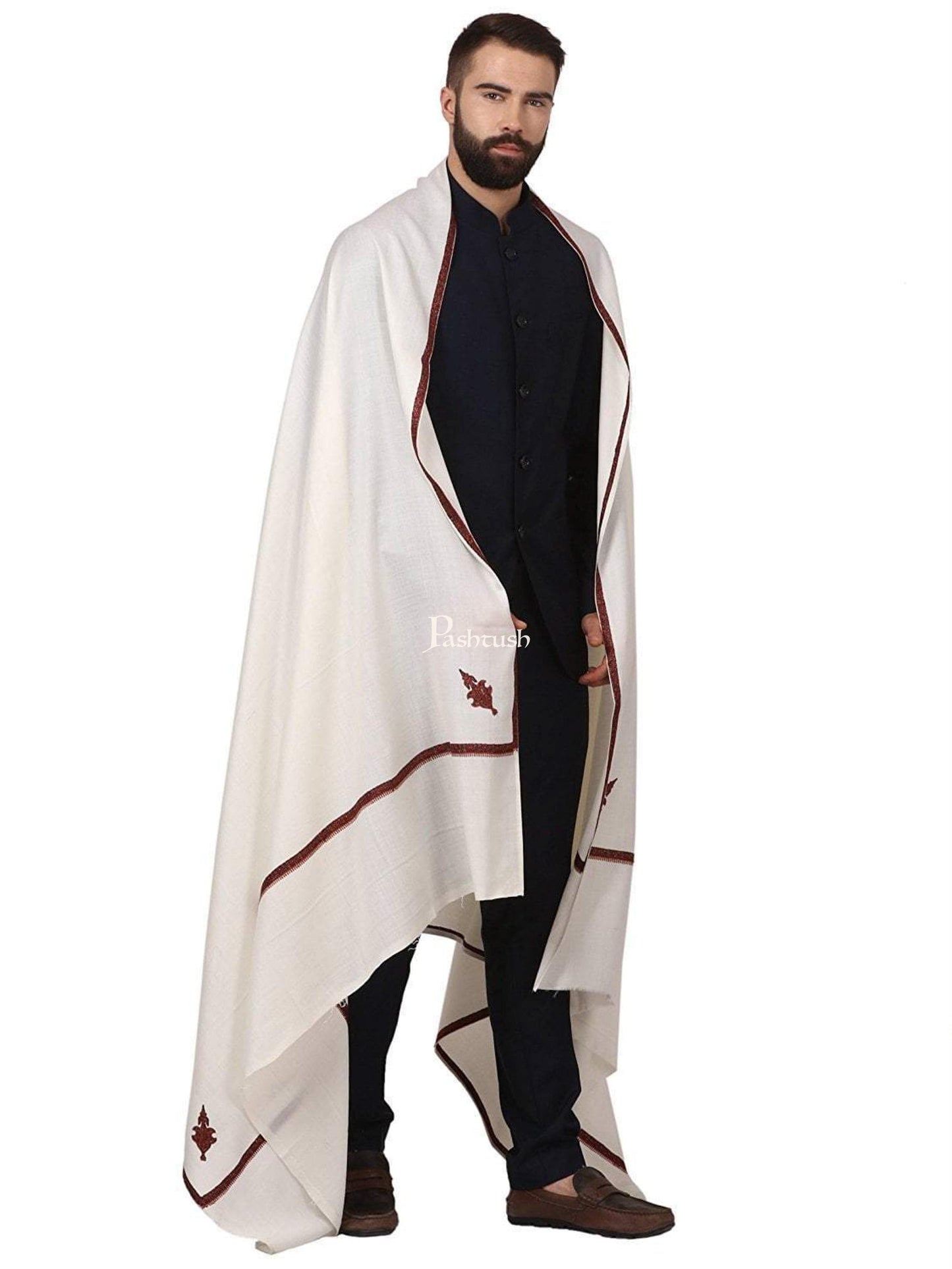 Pashtush India Mens Shawls Gents Shawl Pashtush Mens Border Embroidery Kingri Shawl, Fine Wool, Ivory