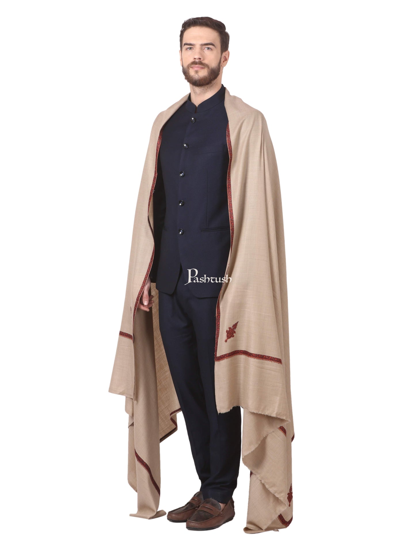Pashtush India Mens Shawls Gents Shawl Pashtush Mens Border Embroidery Mens Shawl With Handwork - Beige