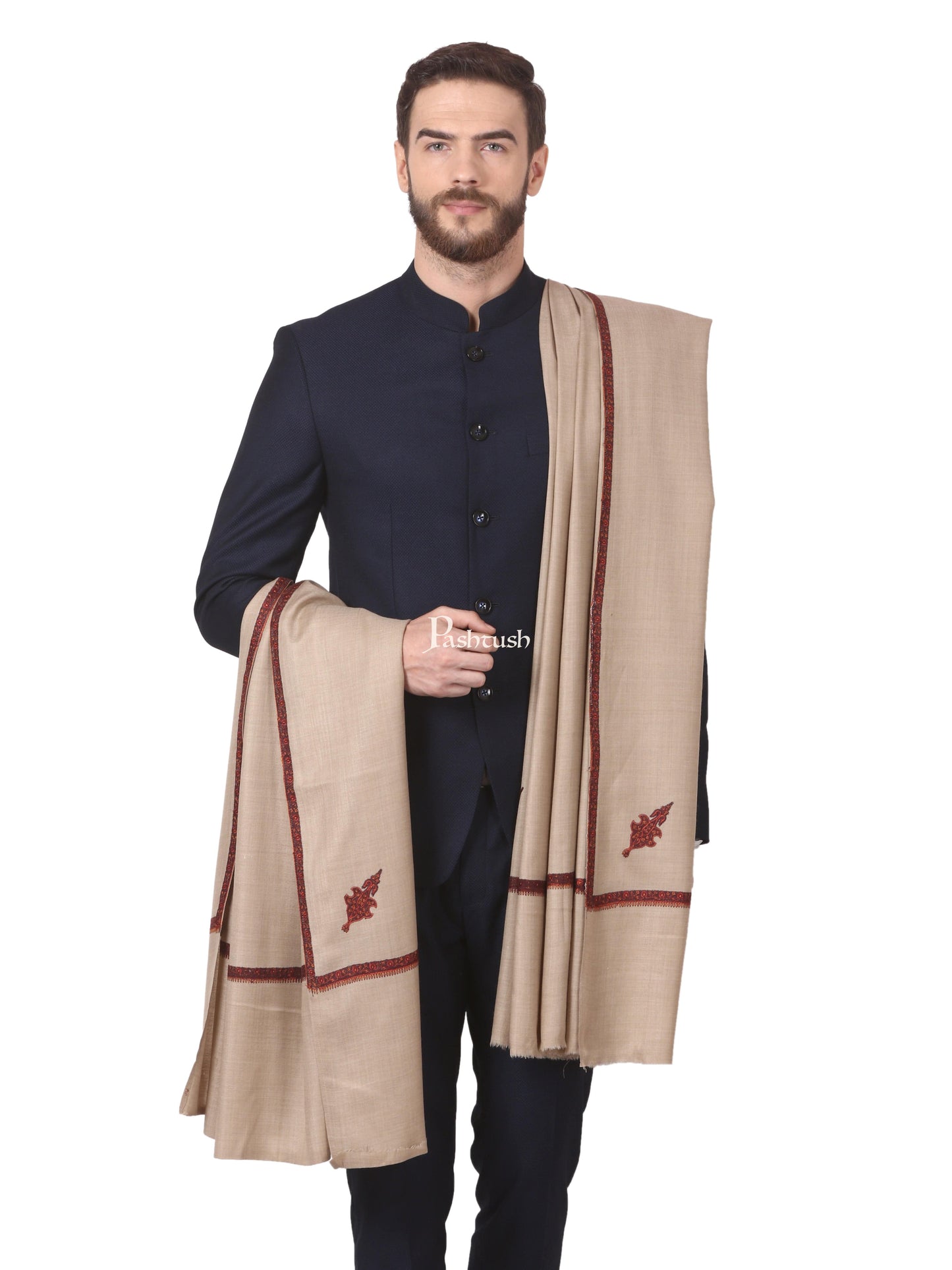Pashtush India Mens Shawls Gents Shawl Pashtush Mens Border Embroidery Mens Shawl With Handwork - Beige