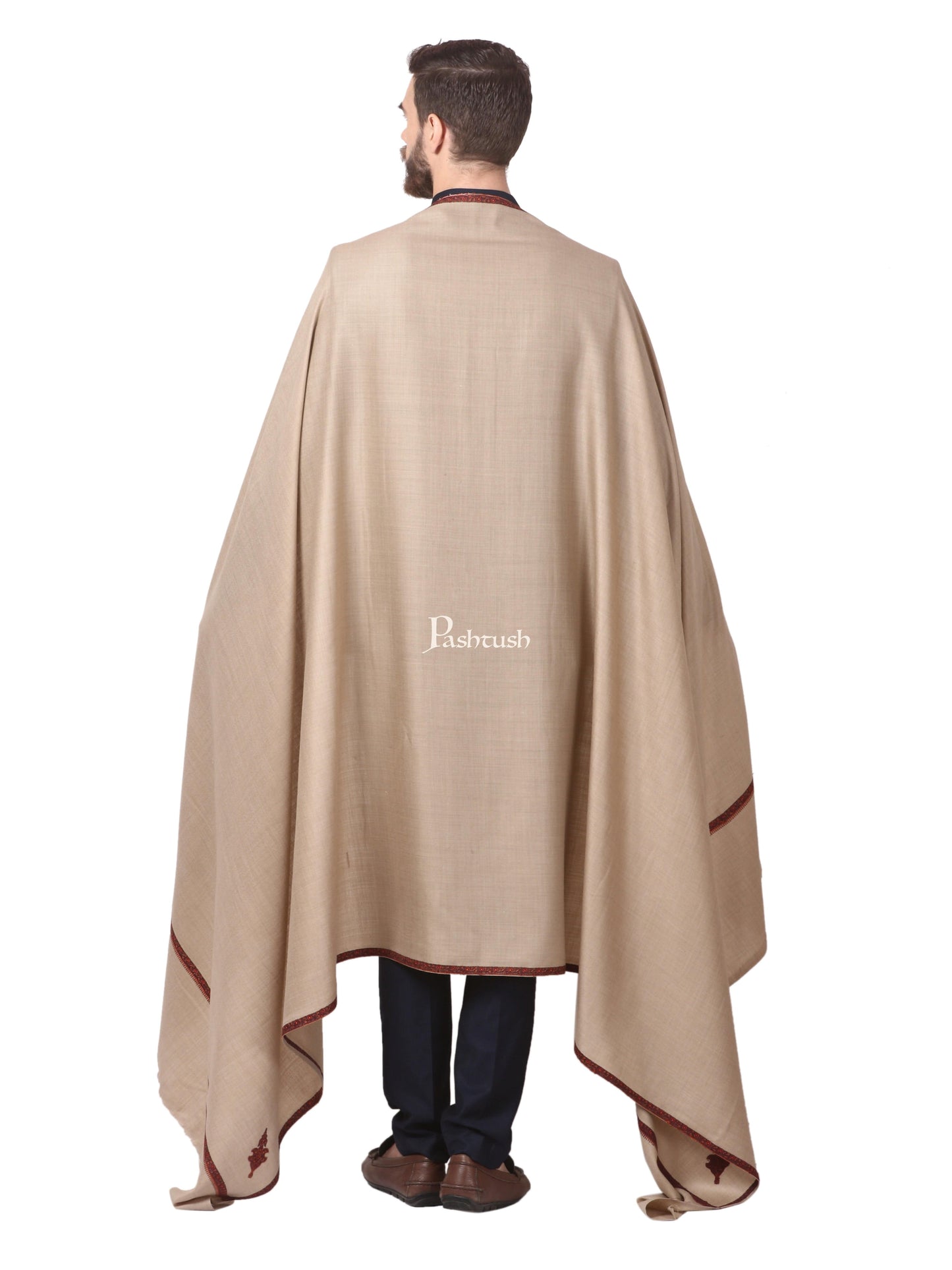 Pashtush India Mens Shawls Gents Shawl Pashtush Mens Border Embroidery Mens Shawl With Handwork - Beige