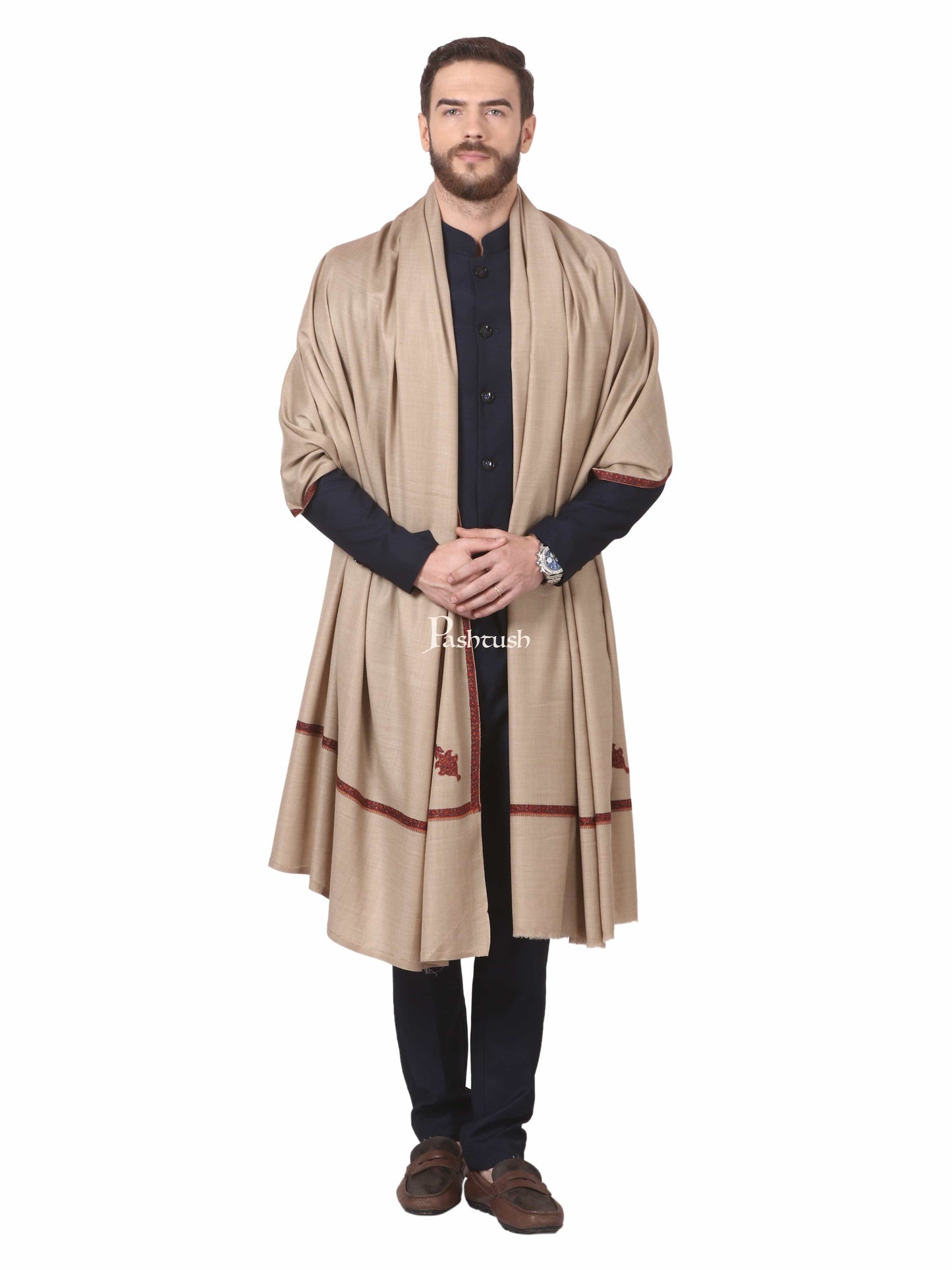 Pashtush India Mens Shawls Gents Shawl Pashtush Mens Border Embroidery Mens Shawl With Handwork - Beige