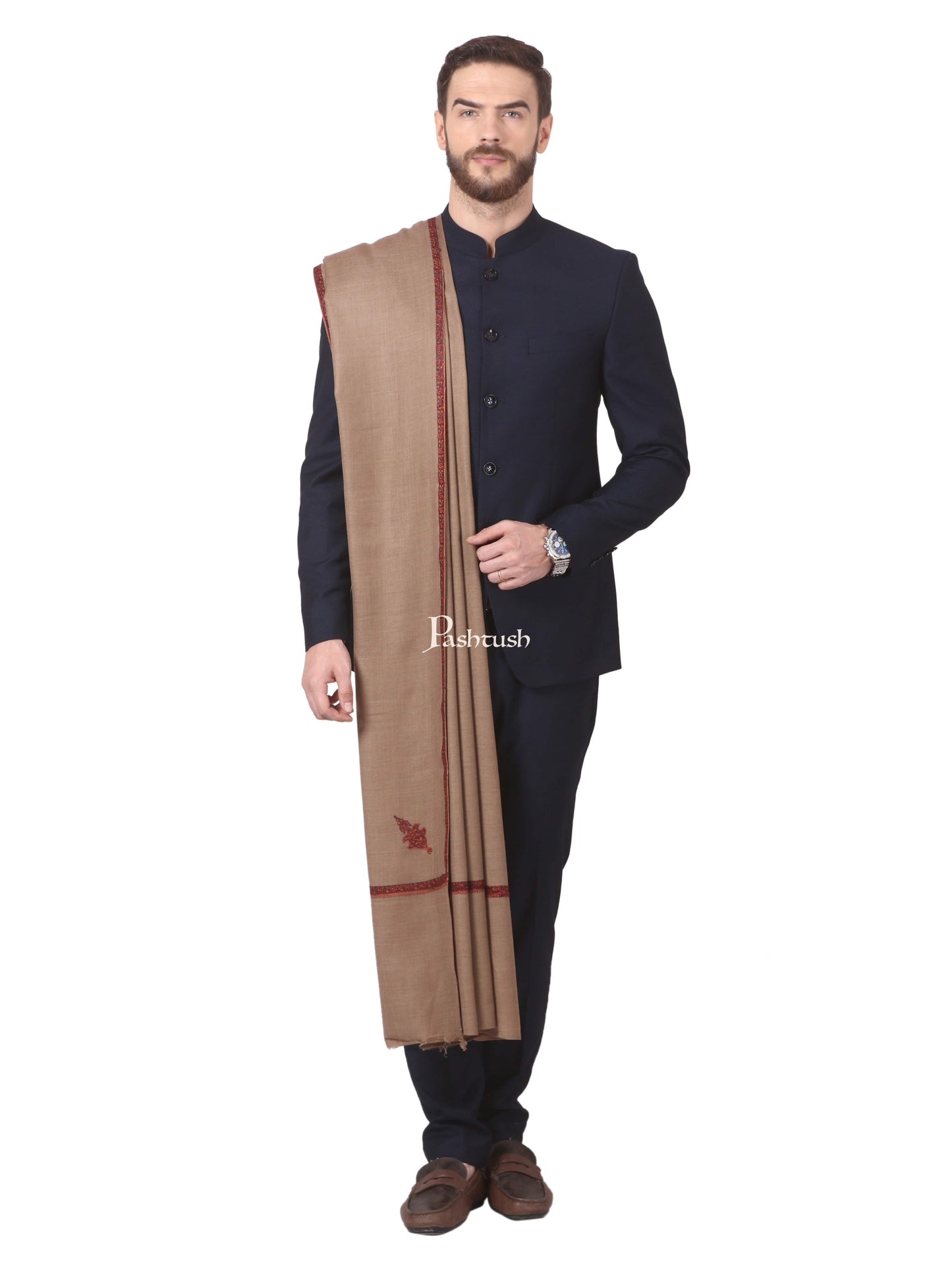 Pashtush India Mens Shawls Gents Shawl Pashtush Mens Border Embroidery Mens Shawl With Handwork In Dark Taupe
