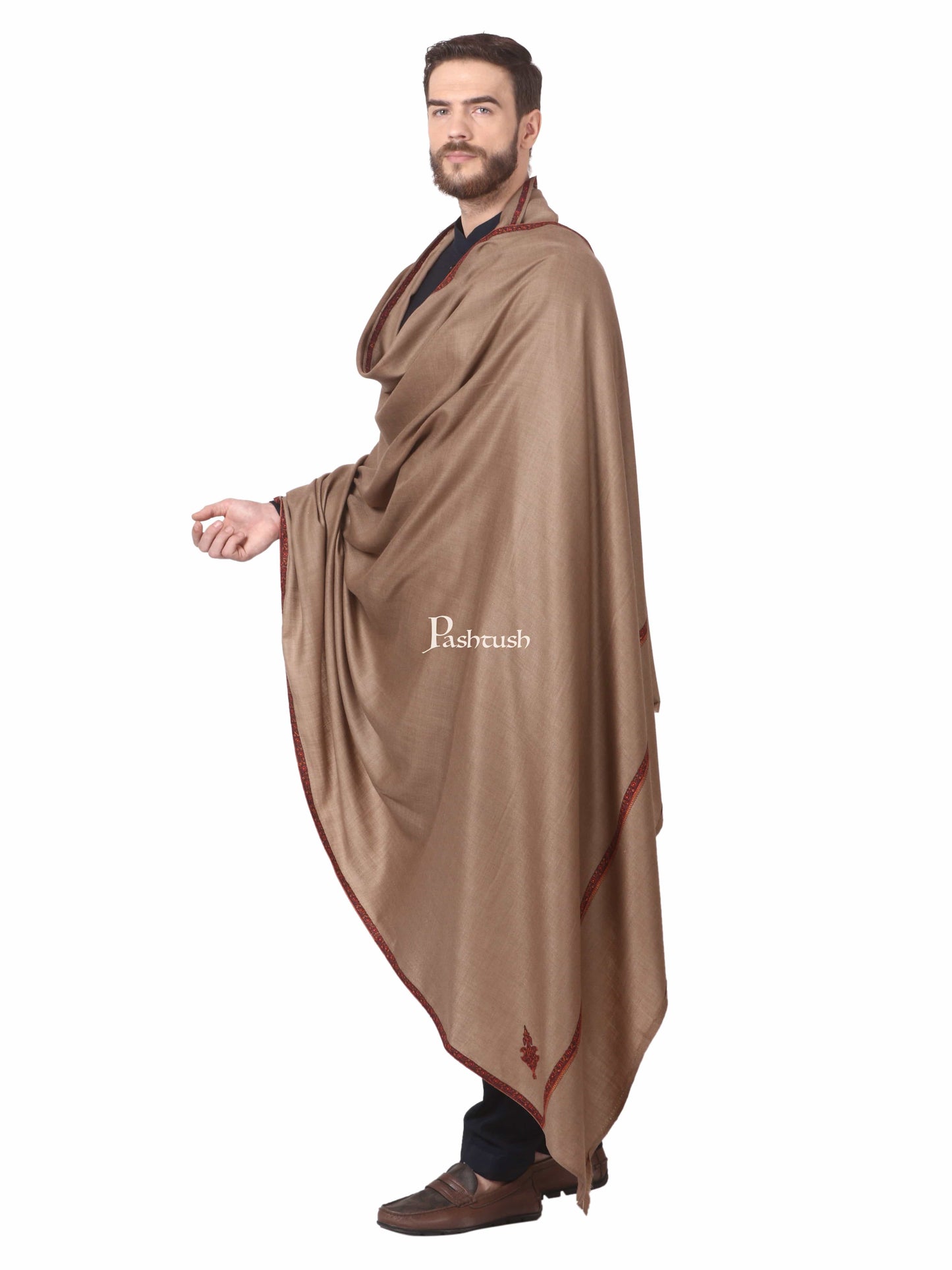Pashtush India Mens Shawls Gents Shawl Pashtush Mens Border Embroidery Mens Shawl With Handwork In Dark Taupe