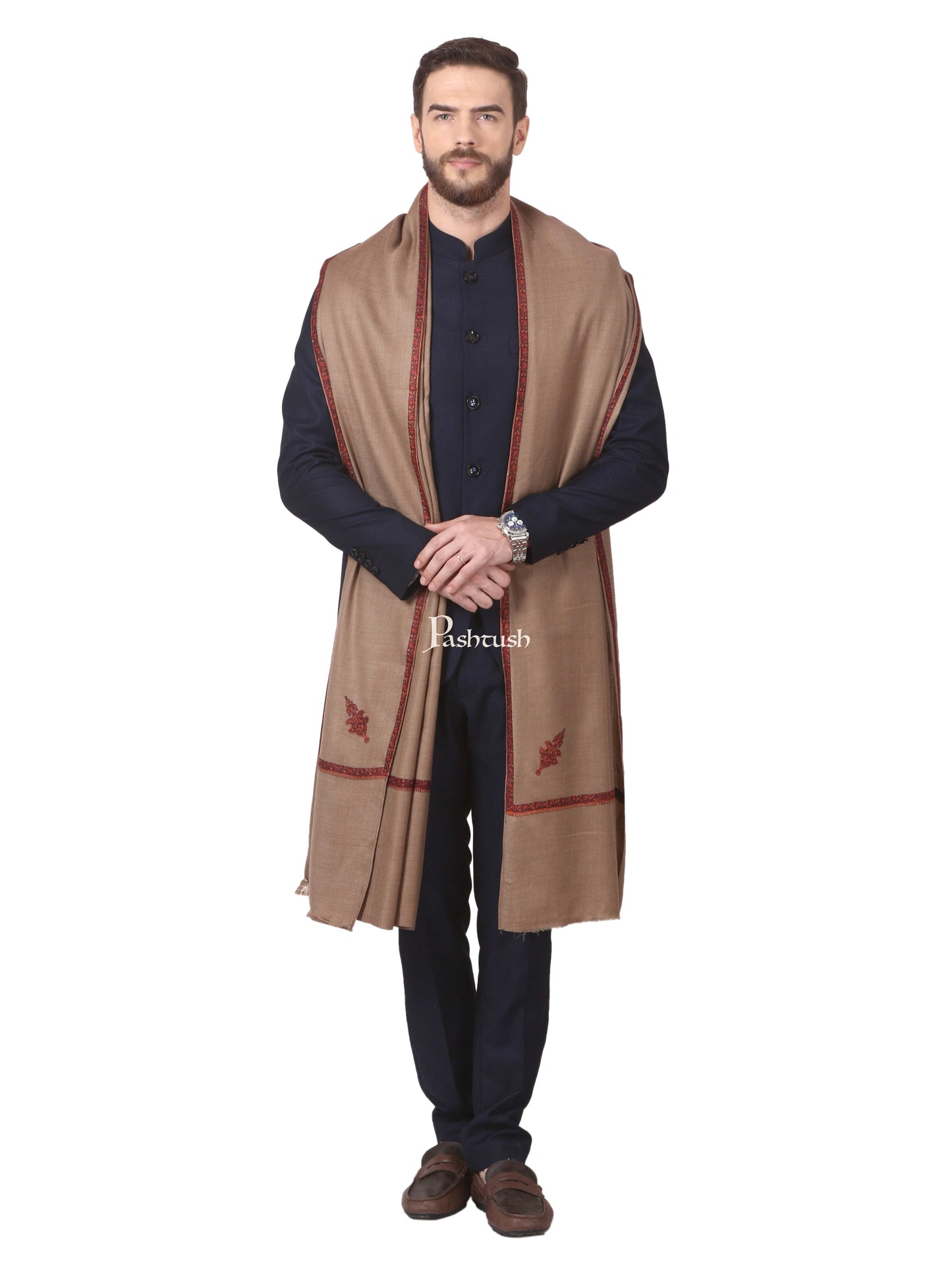 Pashtush India Mens Shawls Gents Shawl Pashtush Mens Border Embroidery Mens Shawl With Handwork In Dark Taupe
