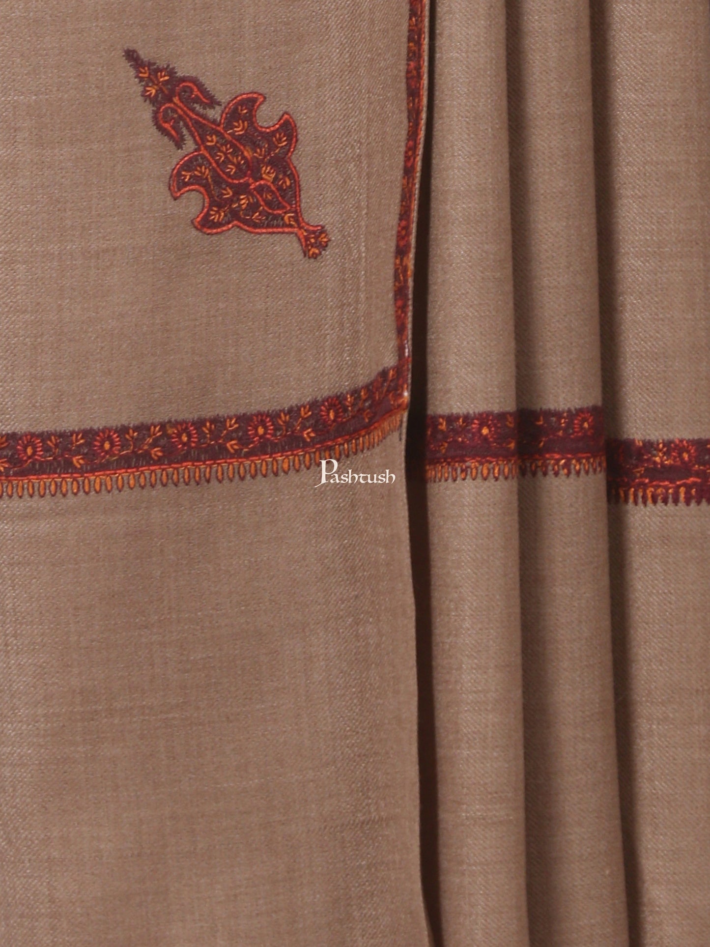 Pashtush India Mens Shawls Gents Shawl Pashtush Mens Border Embroidery Mens Shawl With Handwork In Dark Taupe