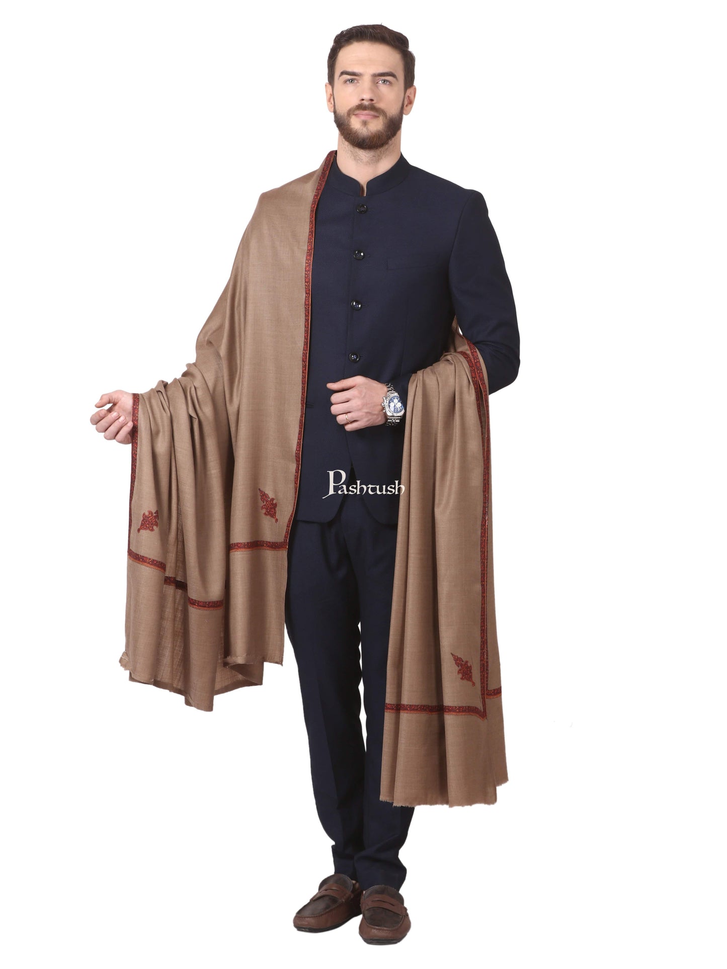 Pashtush India Mens Shawls Gents Shawl Pashtush Mens Border Embroidery Mens Shawl With Handwork In Dark Taupe