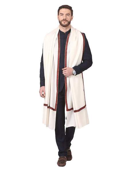Pashtush Mens Border Embroidery Mens Shawl With Handwork In White