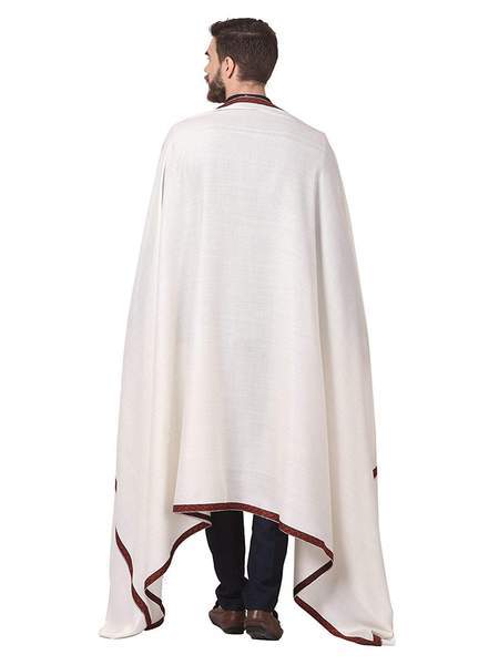 Pashtush Mens Border Embroidery Mens Shawl With Handwork In White