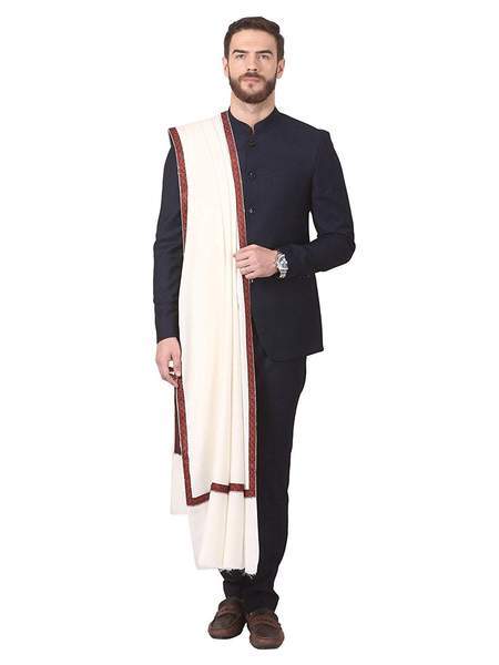 Pashtush Mens Border Embroidery Mens Shawl With Handwork In White