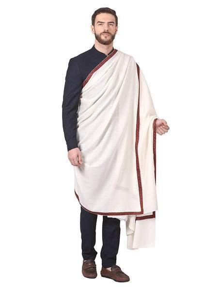 Pashtush Mens Border Embroidery Mens Shawl With Handwork In White