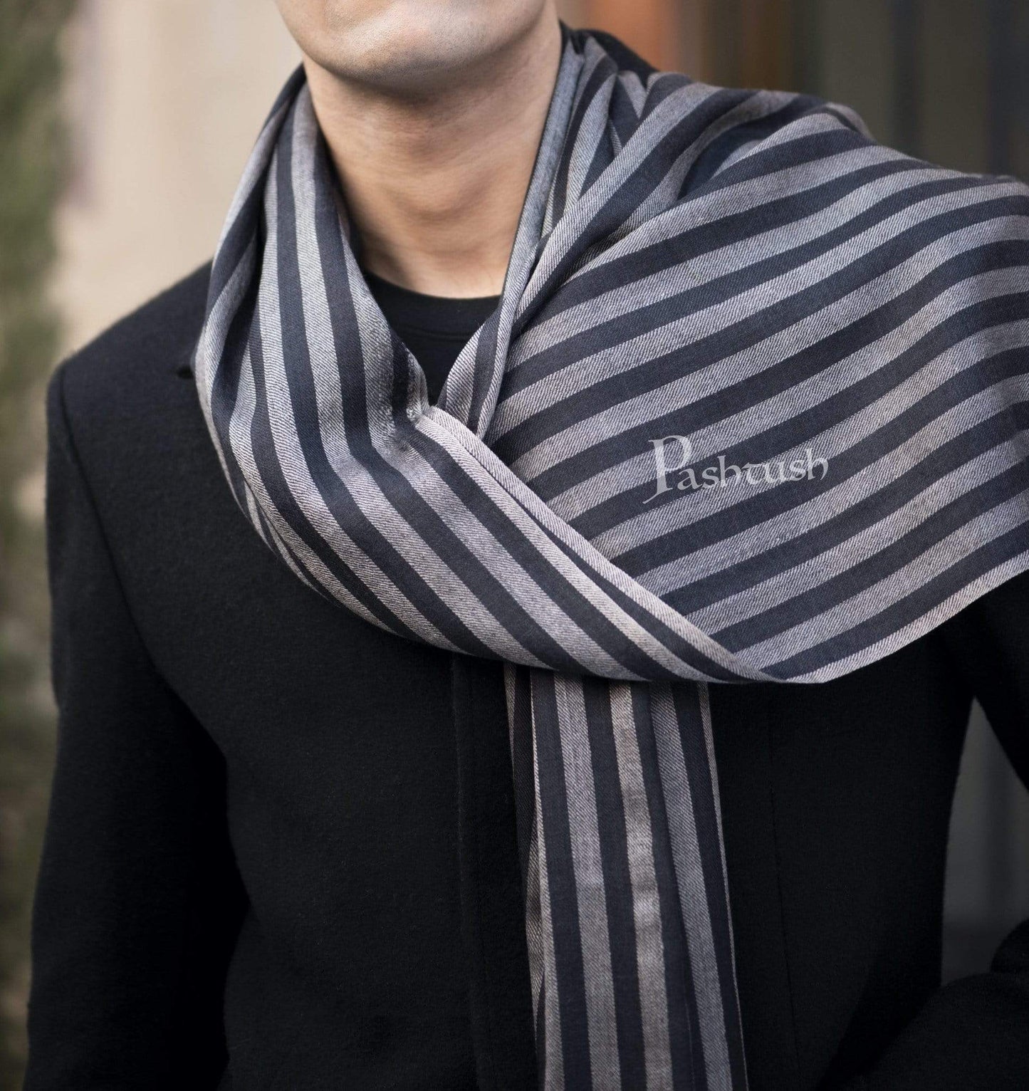 Pashtush India 70x200 Pashtush Mens Cashmere and Wool Scarf, Striped Charcoal Black