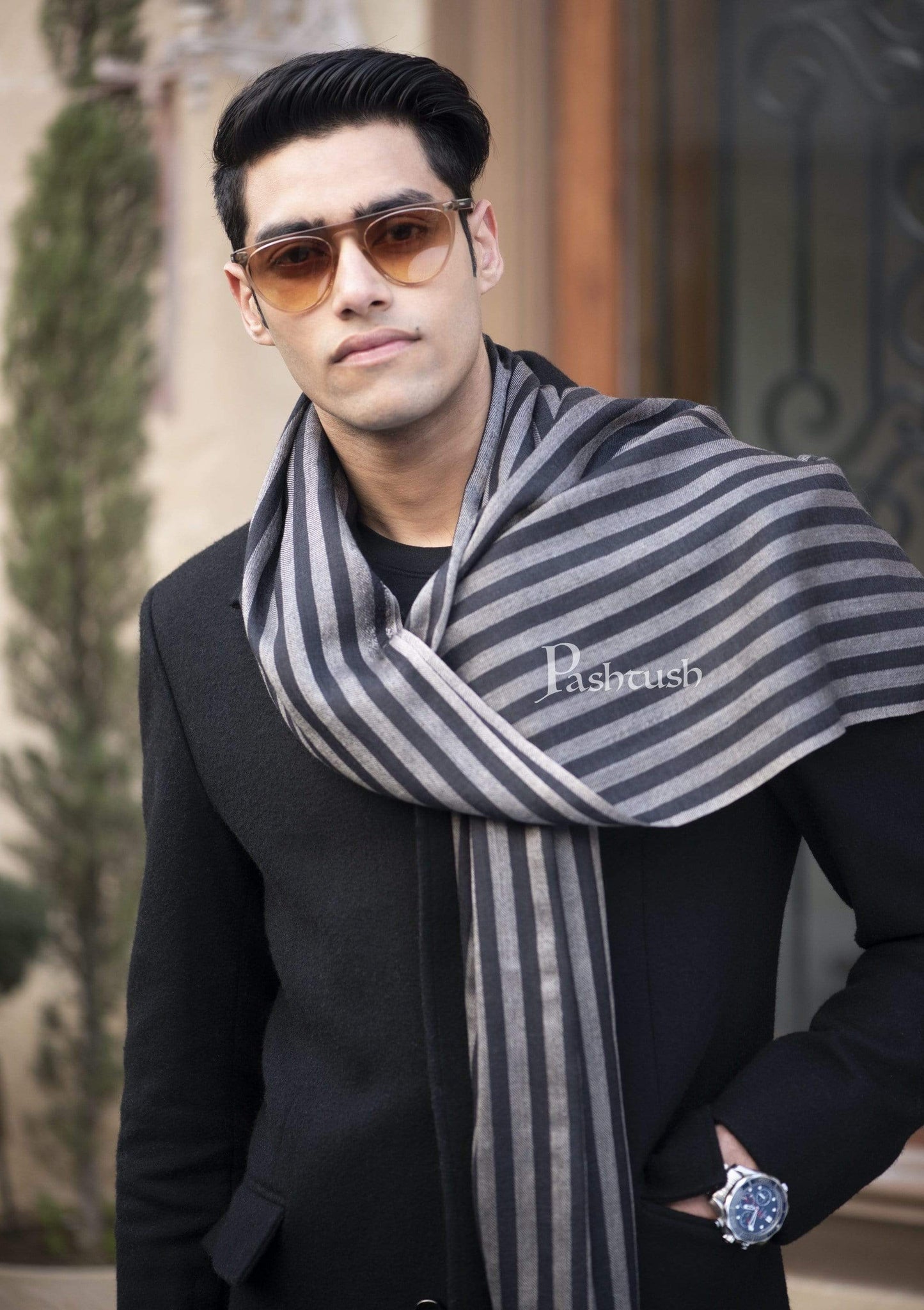 Pashtush India 70x200 Pashtush Mens Cashmere and Wool Scarf, Striped Charcoal Black
