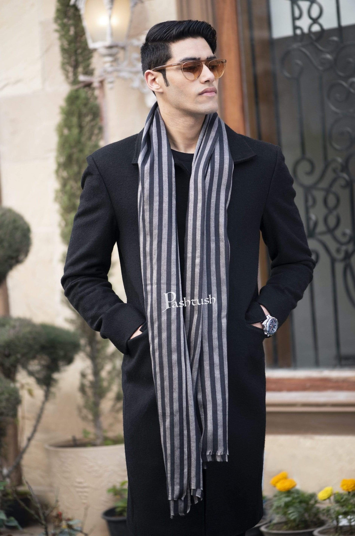 Pashtush India 70x200 Pashtush Mens Cashmere and Wool Scarf, Striped Charcoal Black