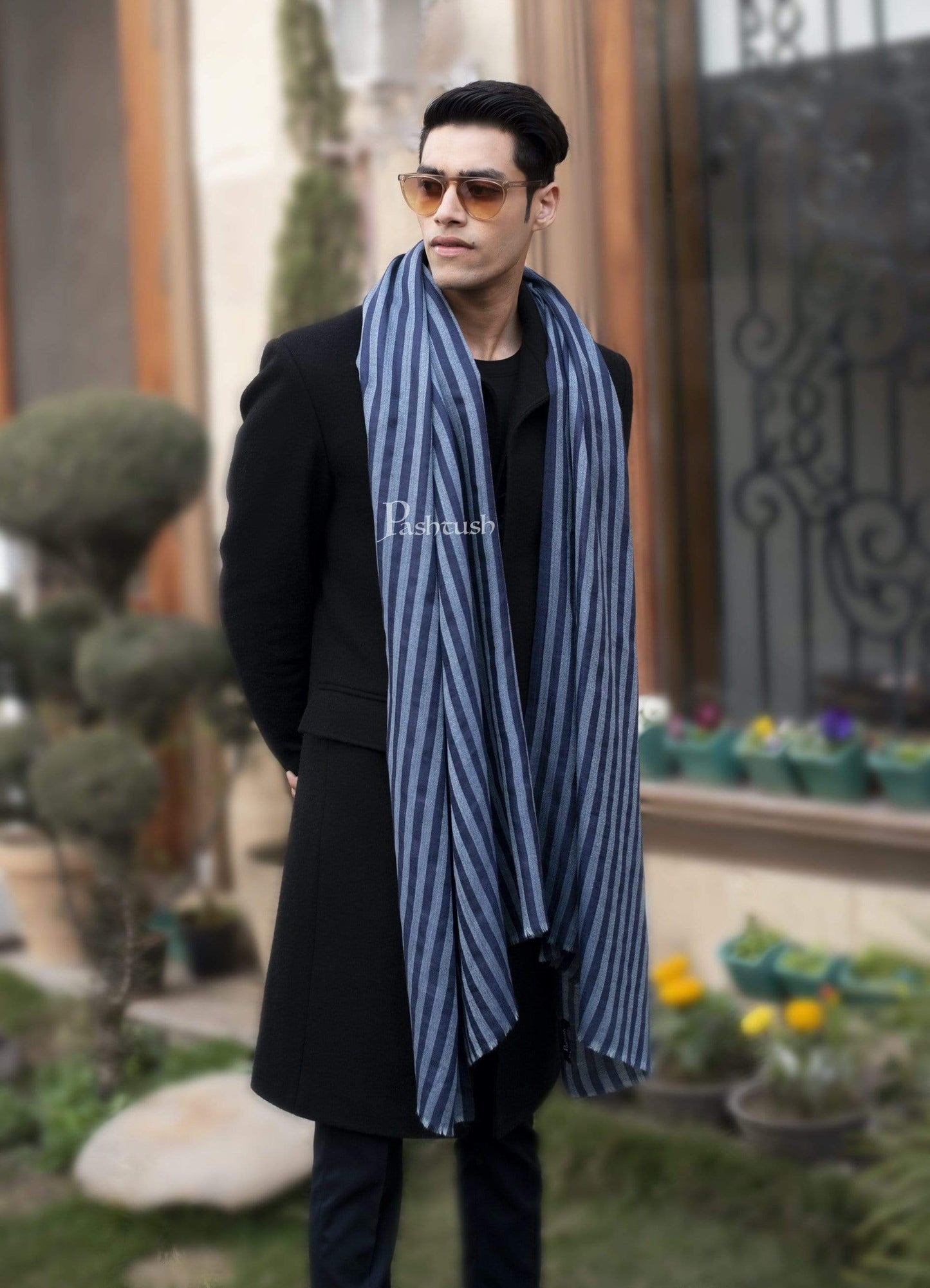 Pashtush India 70x200 Pashtush Mens Cashmere and Wool Scarf, Striped Cobalt Blue