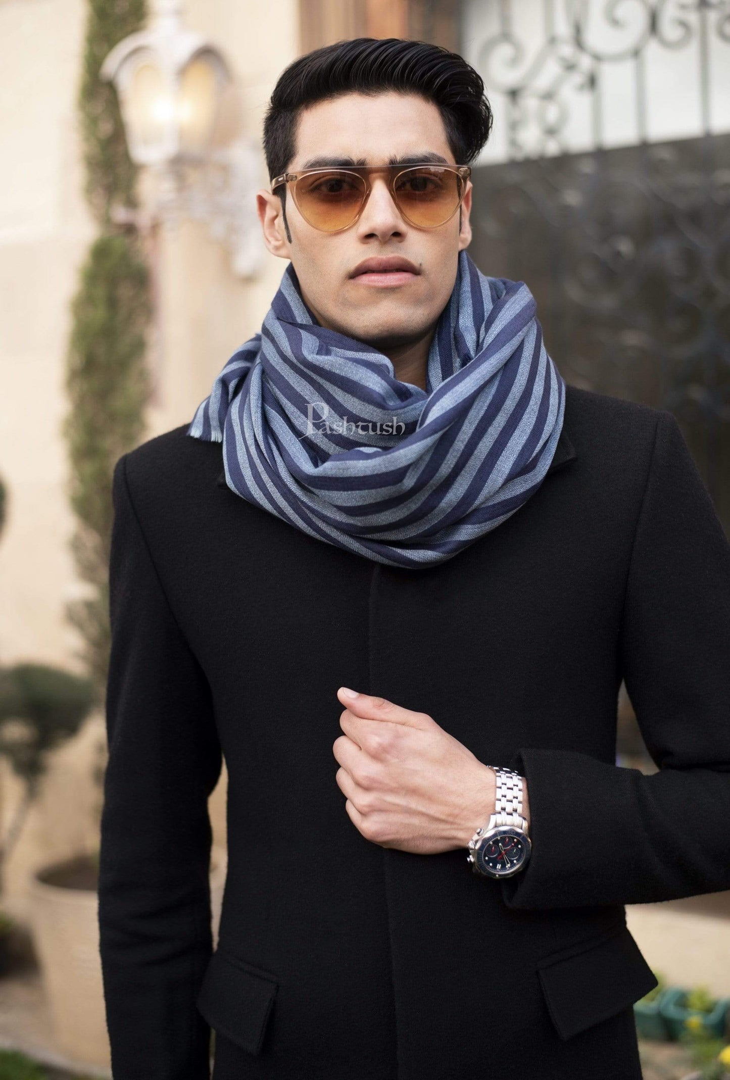 Pashtush India 70x200 Pashtush Mens Cashmere and Wool Scarf, Striped Cobalt Blue