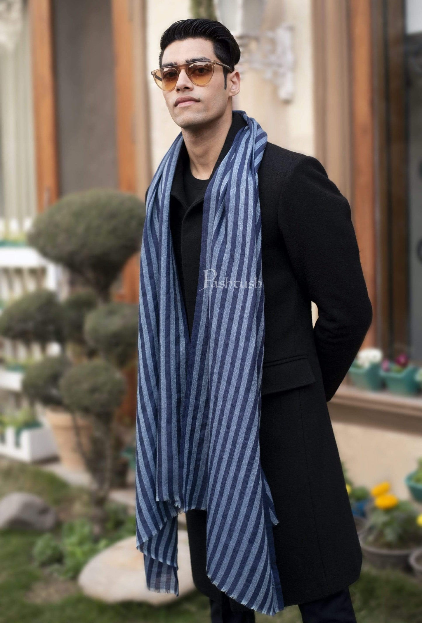 Pashtush India 70x200 Pashtush Mens Cashmere and Wool Scarf, Striped Cobalt Blue