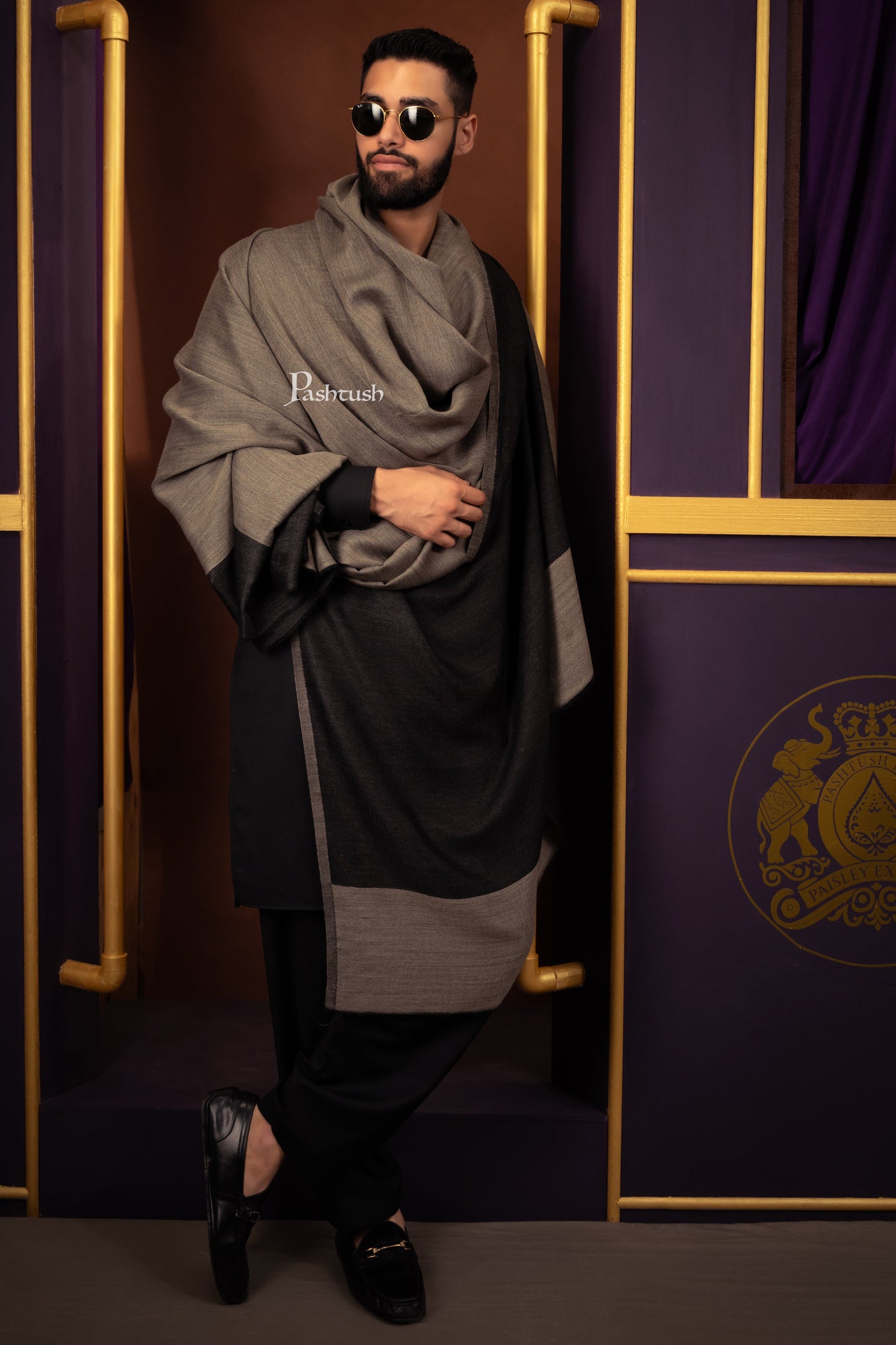 Pashtush India Mens Shawls Gents Shawl Pashtush Mens Cashmere Shawl, Reversible Design, Black And Grey