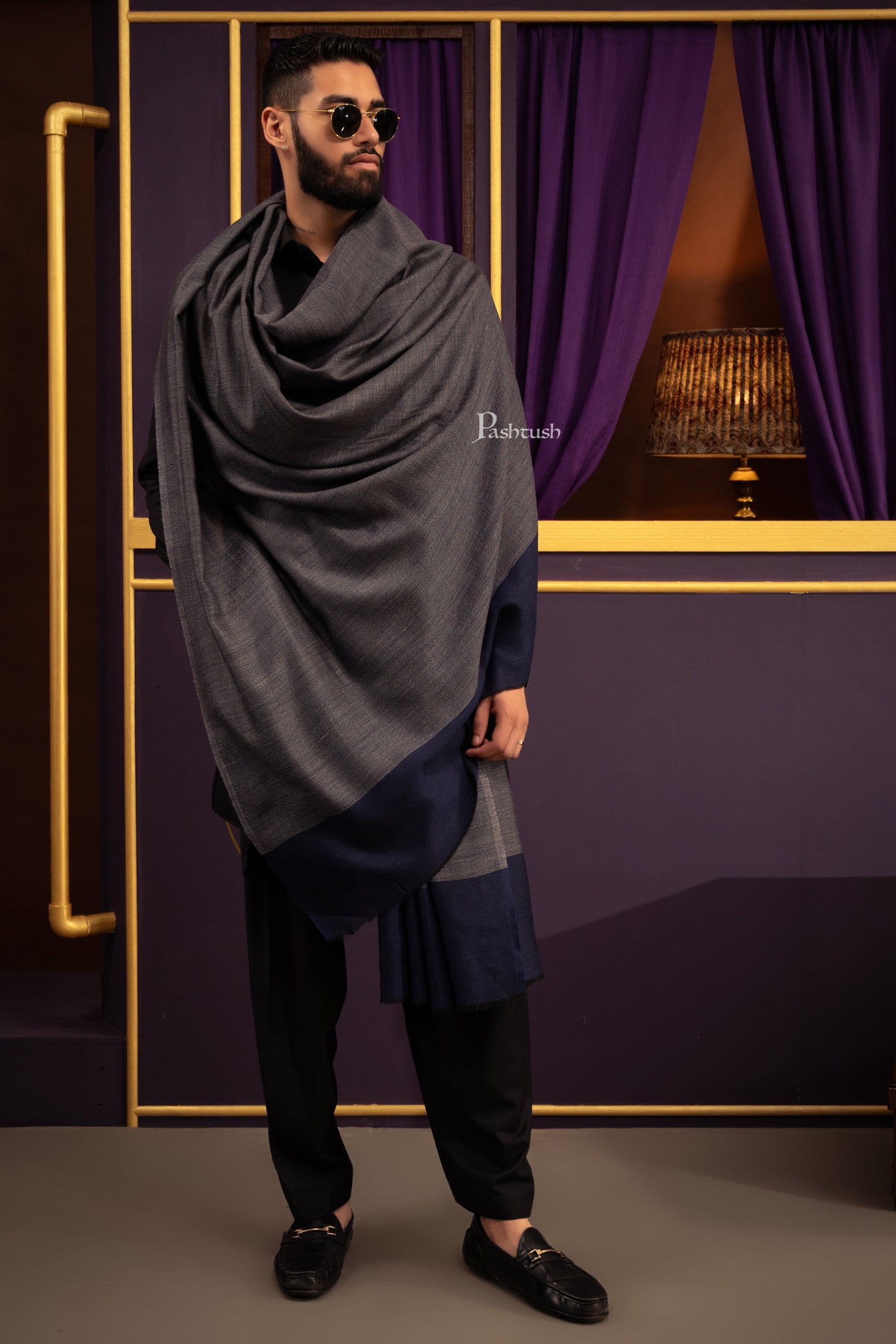 Pashtush India Mens Shawls Gents Shawl Pashtush Mens Cashmere Shawl, Reversible Design, Dark Grey
