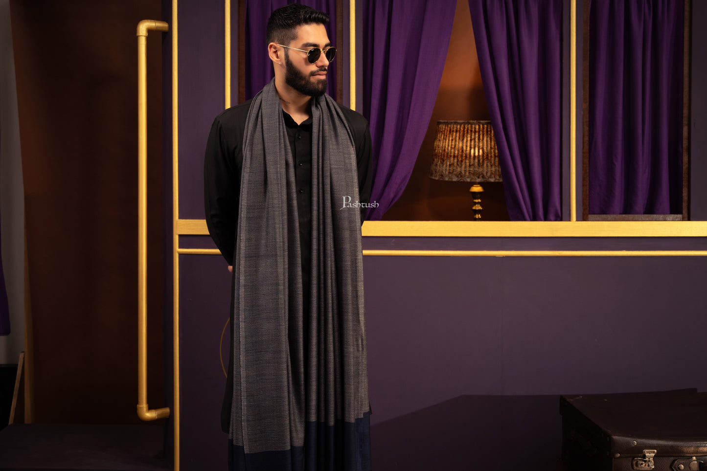 Pashtush India Mens Shawls Gents Shawl Pashtush Mens Cashmere Shawl, Reversible Design, Dark Grey