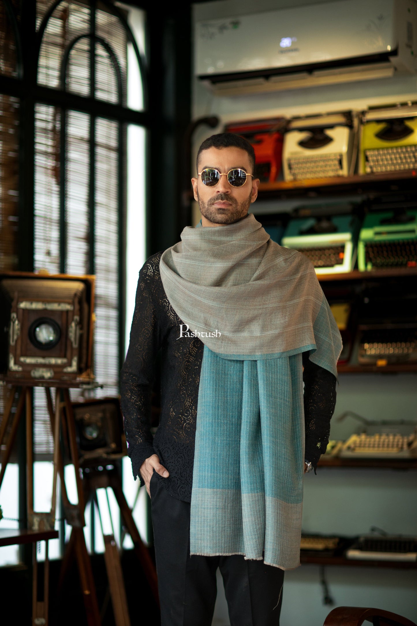 Pashtush India Mens Scarves Stoles and Mufflers Pashtush Mens Cashmere Stole, Checkered Design, Arabic Sea Green