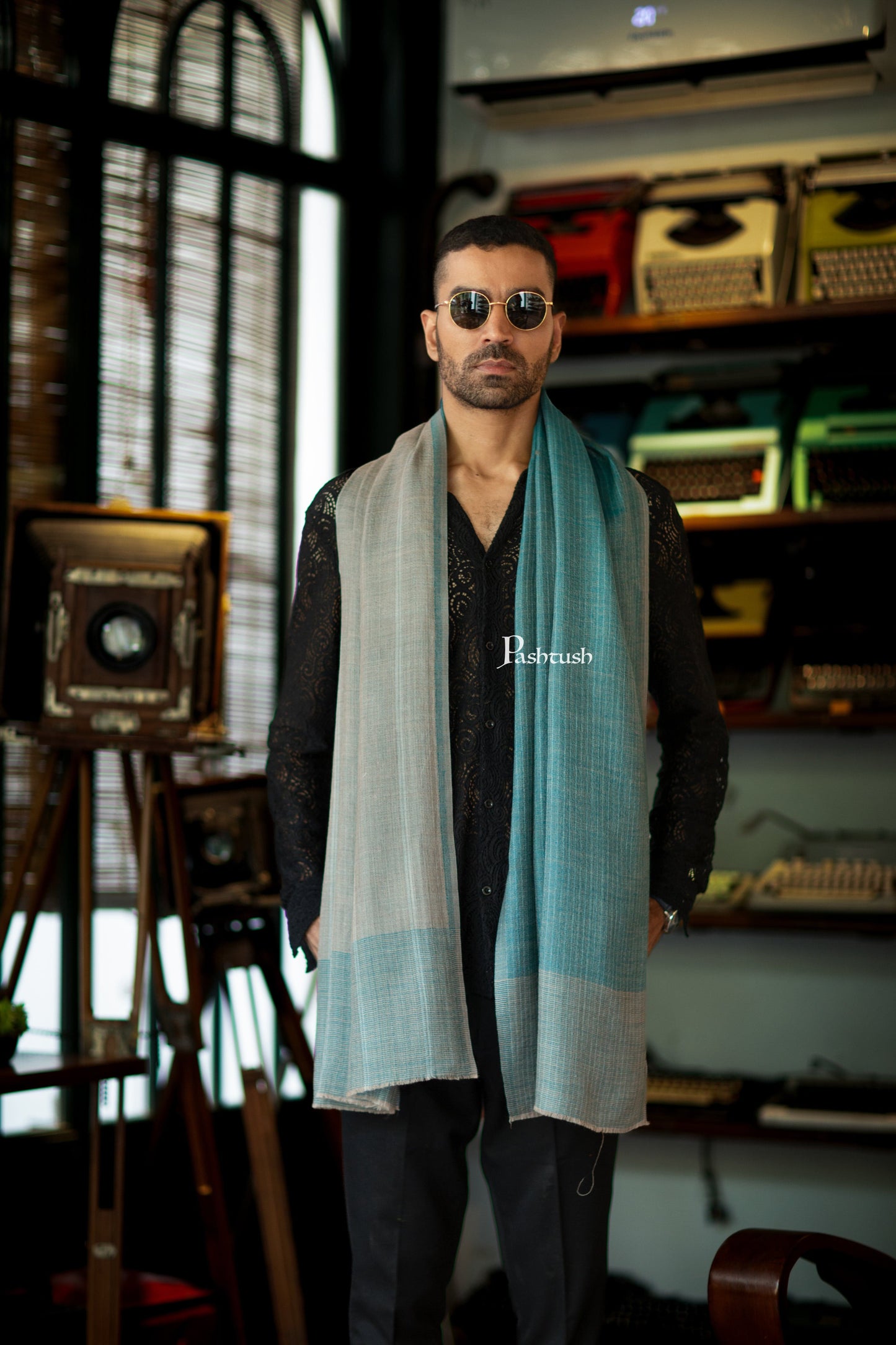 Pashtush India Mens Scarves Stoles and Mufflers Pashtush Mens Cashmere Stole, Checkered Design, Arabic Sea Green