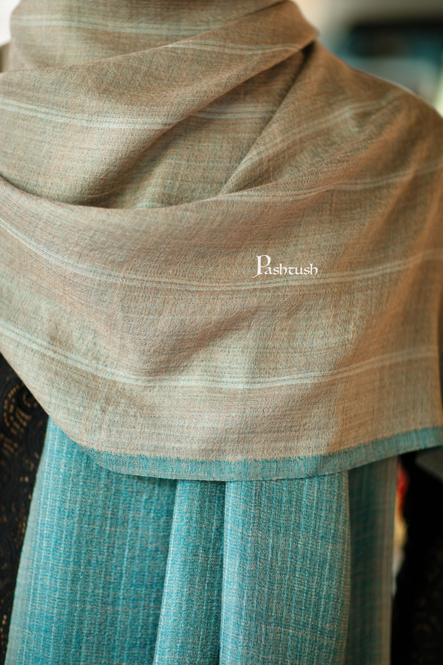 Pashtush India Mens Scarves Stoles and Mufflers Pashtush Mens Cashmere Stole, Checkered Design, Arabic Sea Green