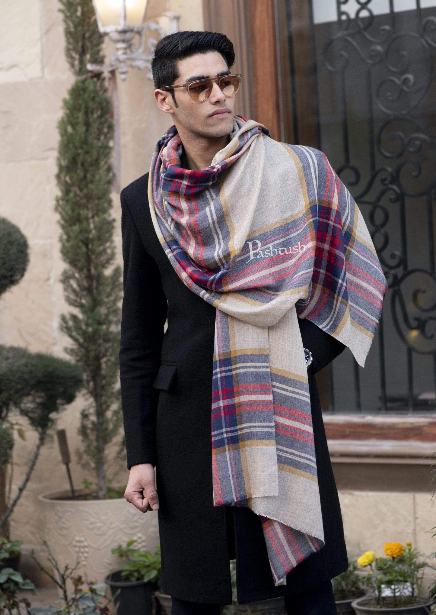 Pashtush India 70x200 Pashtush Mens Cashmere Wool Checkered Scarf