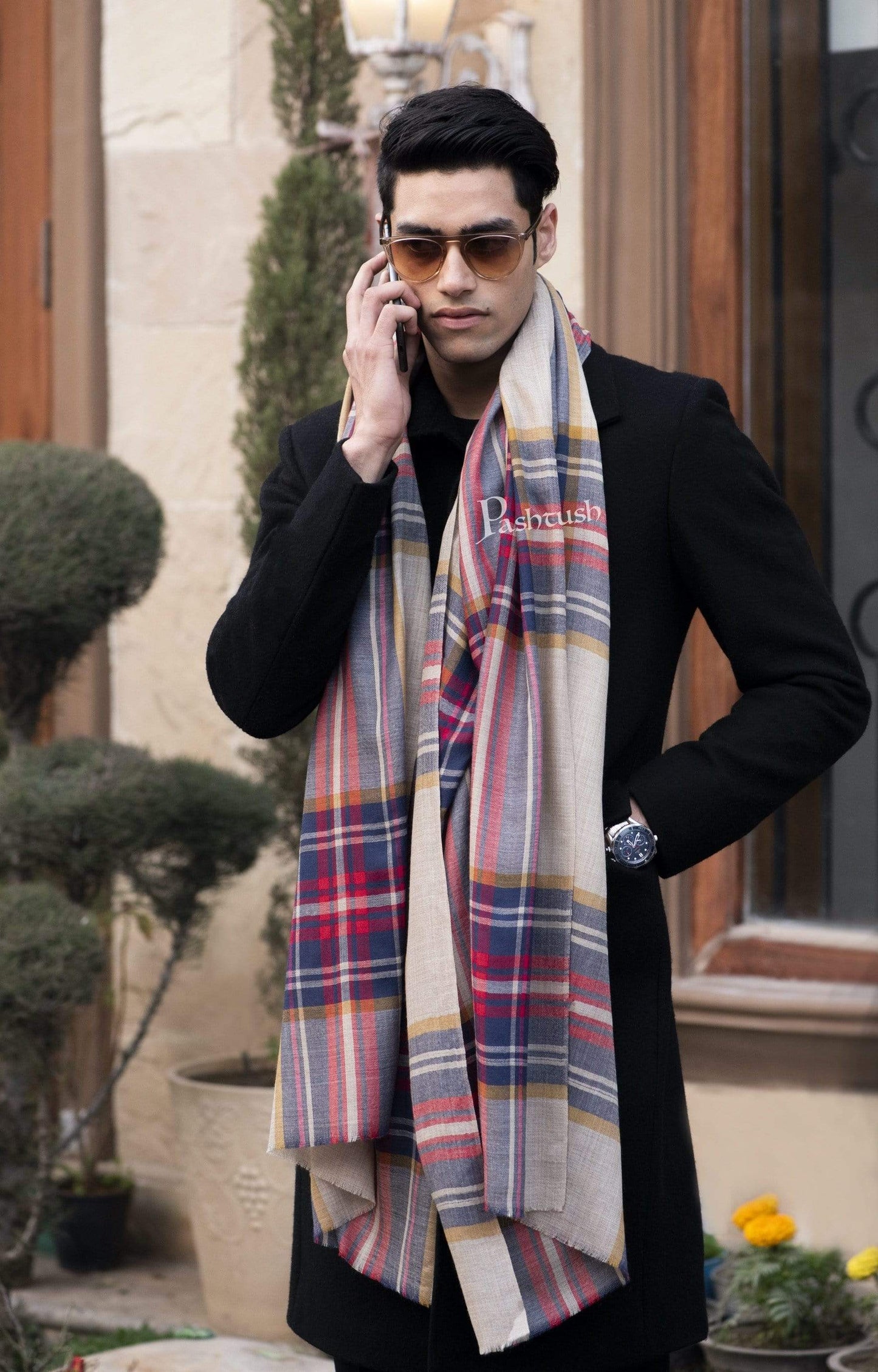 Pashtush India 70x200 Pashtush Mens Cashmere Wool Checkered Scarf